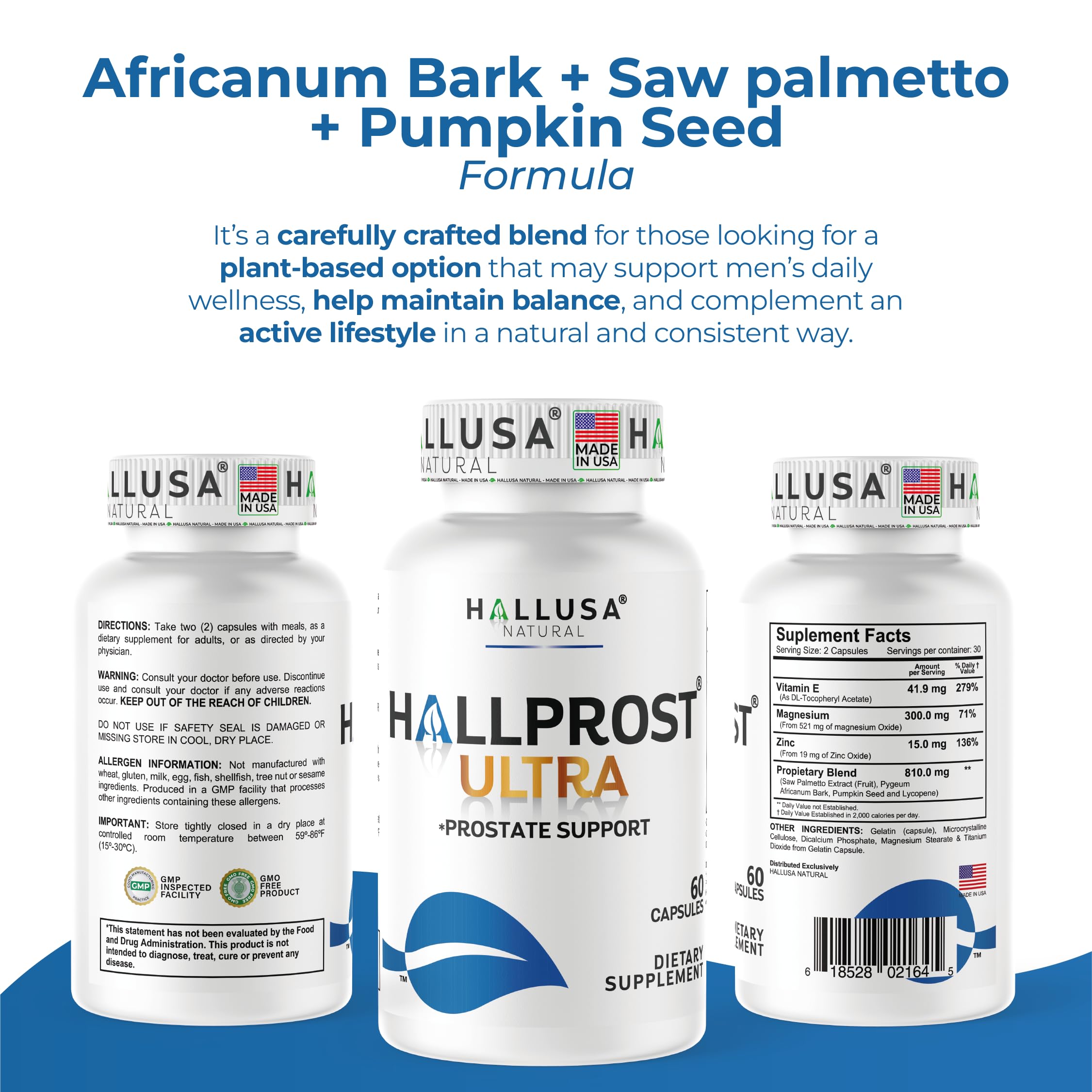 Hallusa Natural HallPROST Ultra Prostate Health Supplement for Men – Saw Palmetto, Lycopene, Pygeum, Zinc, Magnesium, Vitamin E | 60 Capsules