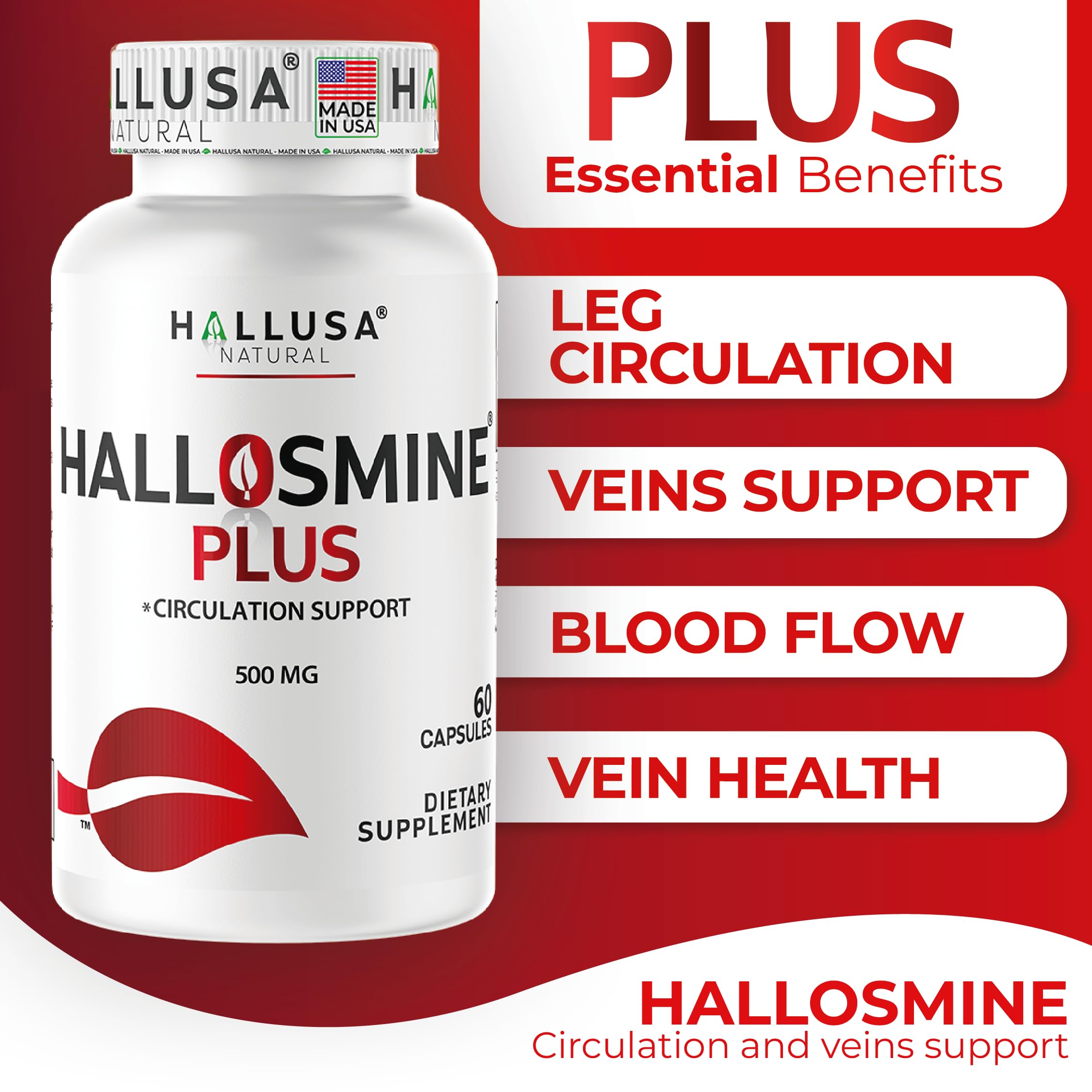 Hallusa Natural Hallosmine Plus 500mg Diosmin | Leg Circulation & Vein Support | 60 Capsules