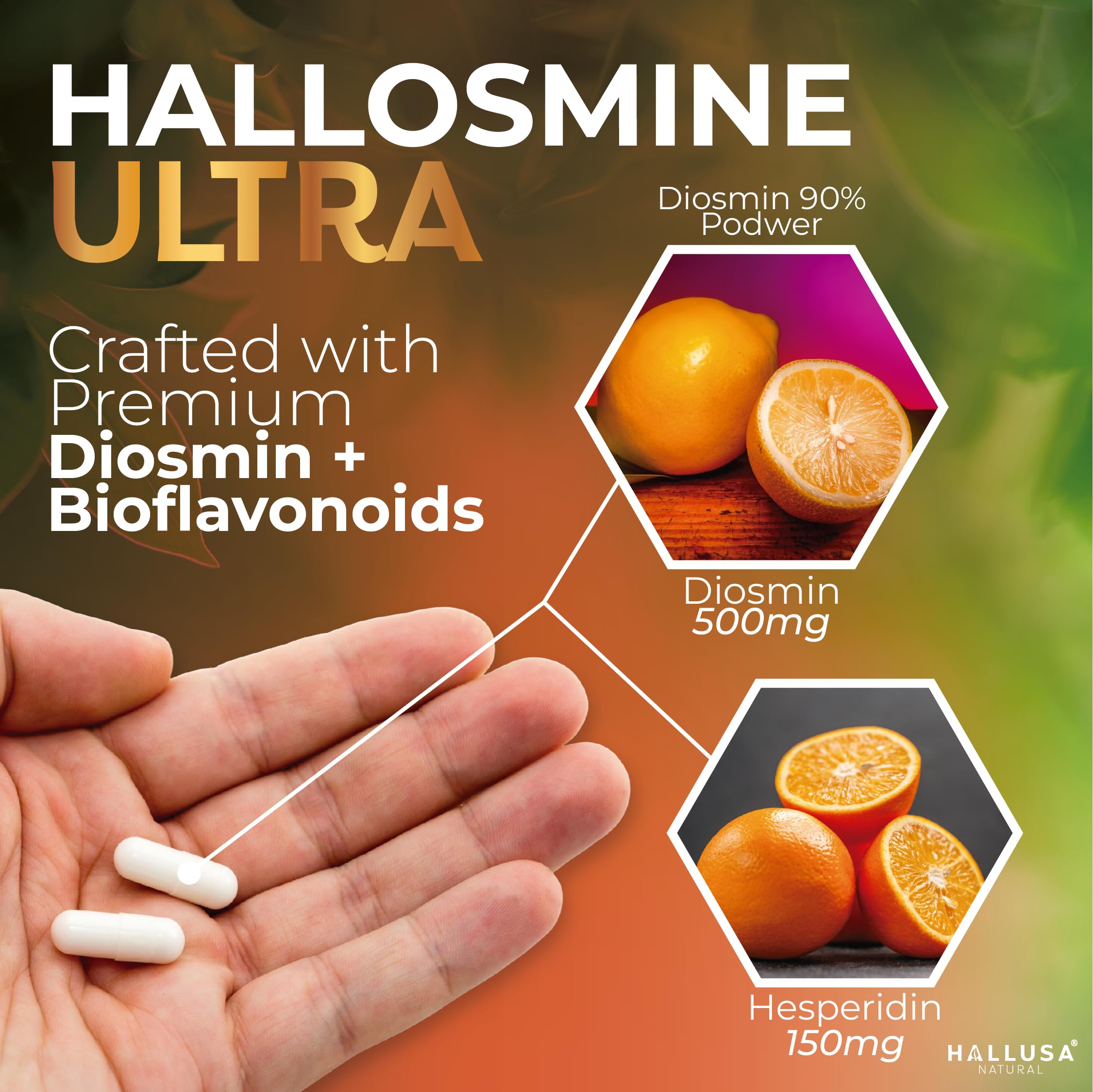 Hallusa Natural Hallosmine Ultra Diosmin 500mg & Hesperidin 150mg – Heavy Legs & Vein Support, 60 Caps