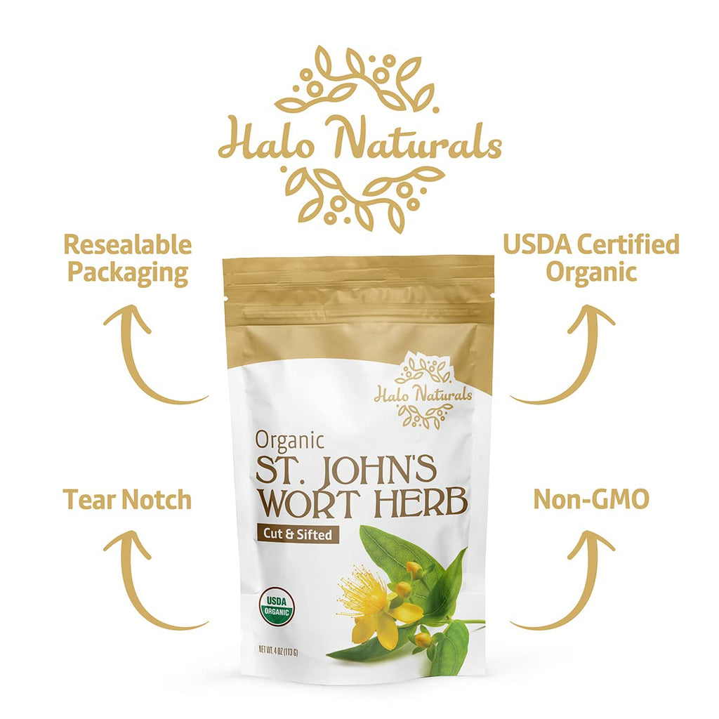 Halo Naturals Organic St. John's Wort (Hypericum perforatum) – 4 oz, USDA Organic, Resealable Pouch