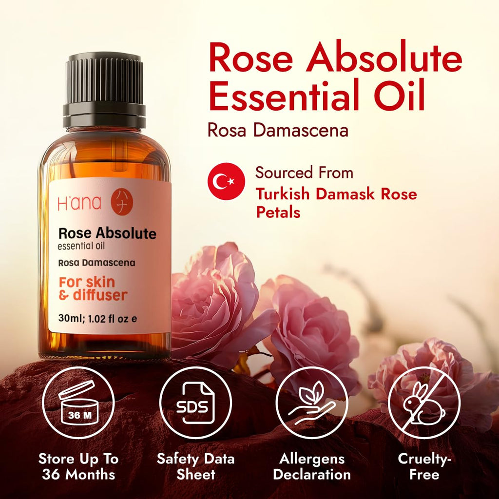 H'ana Rose Essential Oil – 1.02 Fl Oz for Hair, Skin, Diffuser & DIY