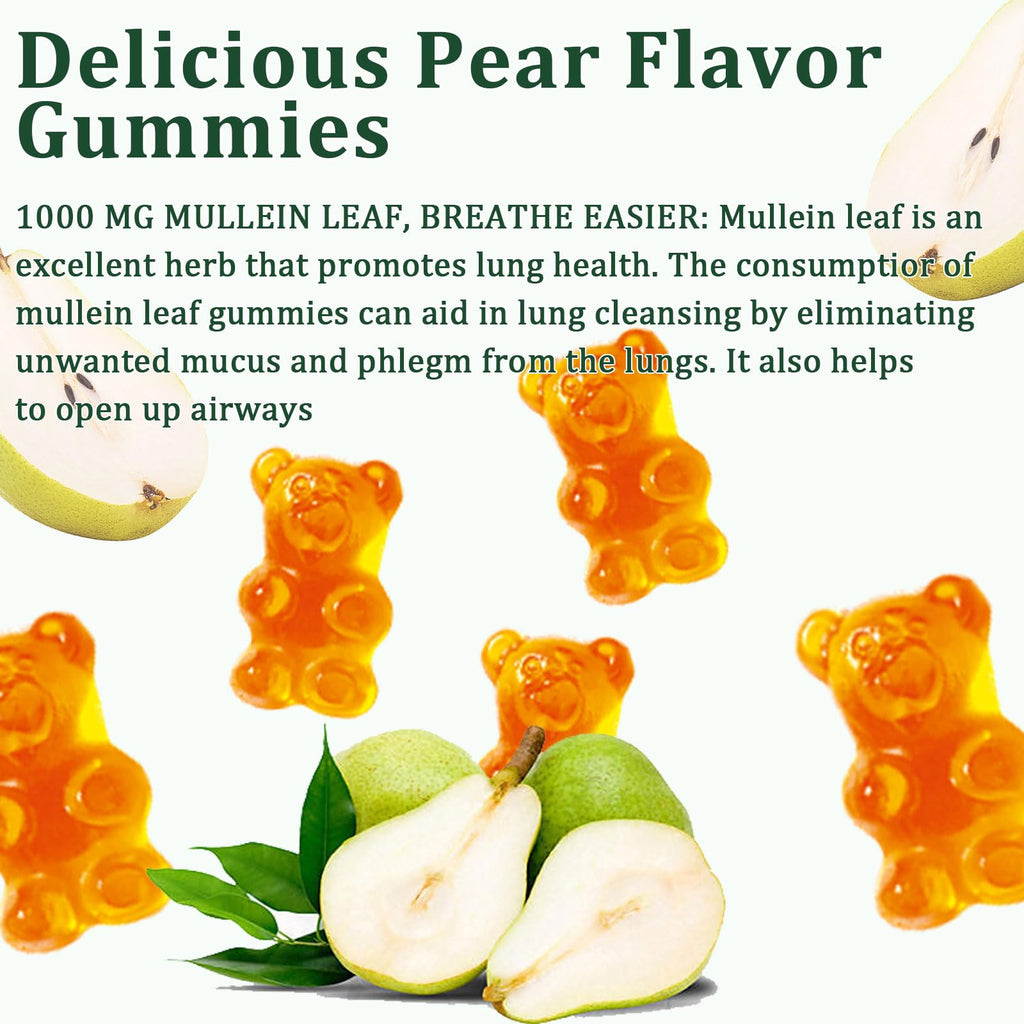 Hanachi Mullein Gummies – Daily Respiratory Health, 1000mg Mullein Leaf, Pear Flavor (30 Day Supply)