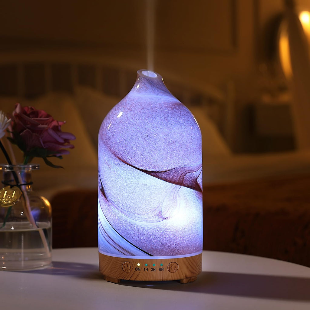 Hand Blown Glass Essential Oil Diffuser – Ultrasonic Cool Mist, Auto Shut-Off, 7-Color Night Light