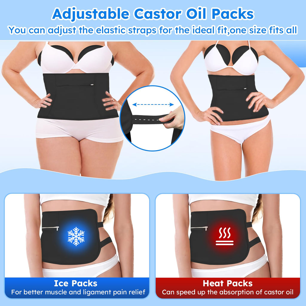 Castor Oil Pack Wrap Kit – 10 Pcs Reusable Organic Cotton with Adjustable Straps (Black)