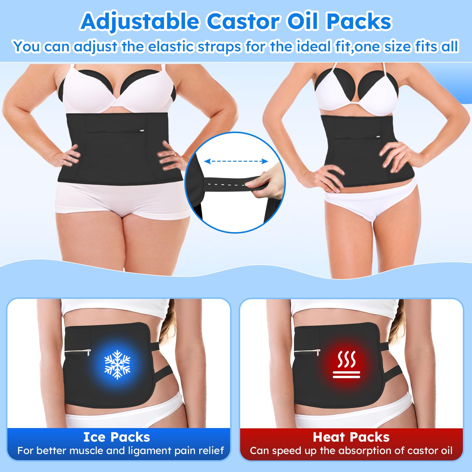 Castor Oil Pack Wrap Kit – 10 Pcs Reusable Organic Cotton with Adjustable Straps (Black)