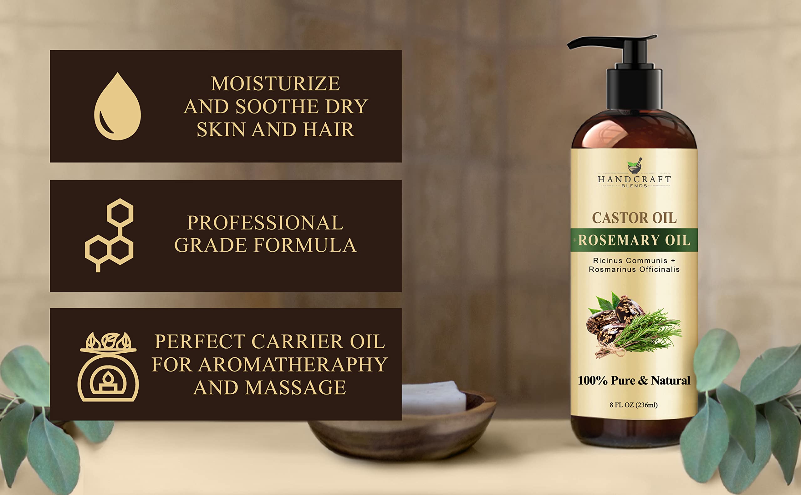 Castor Oil with Rosemary – Handcraft Blends, 8 oz | 100% Pure & Natural Carrier Oil for Hair, Eyelashes & Brows