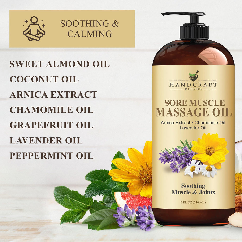 Handcraft Blends Sore Muscle Massage Oil 8oz – Arnica, Chamomile, Lavender & Peppermint
