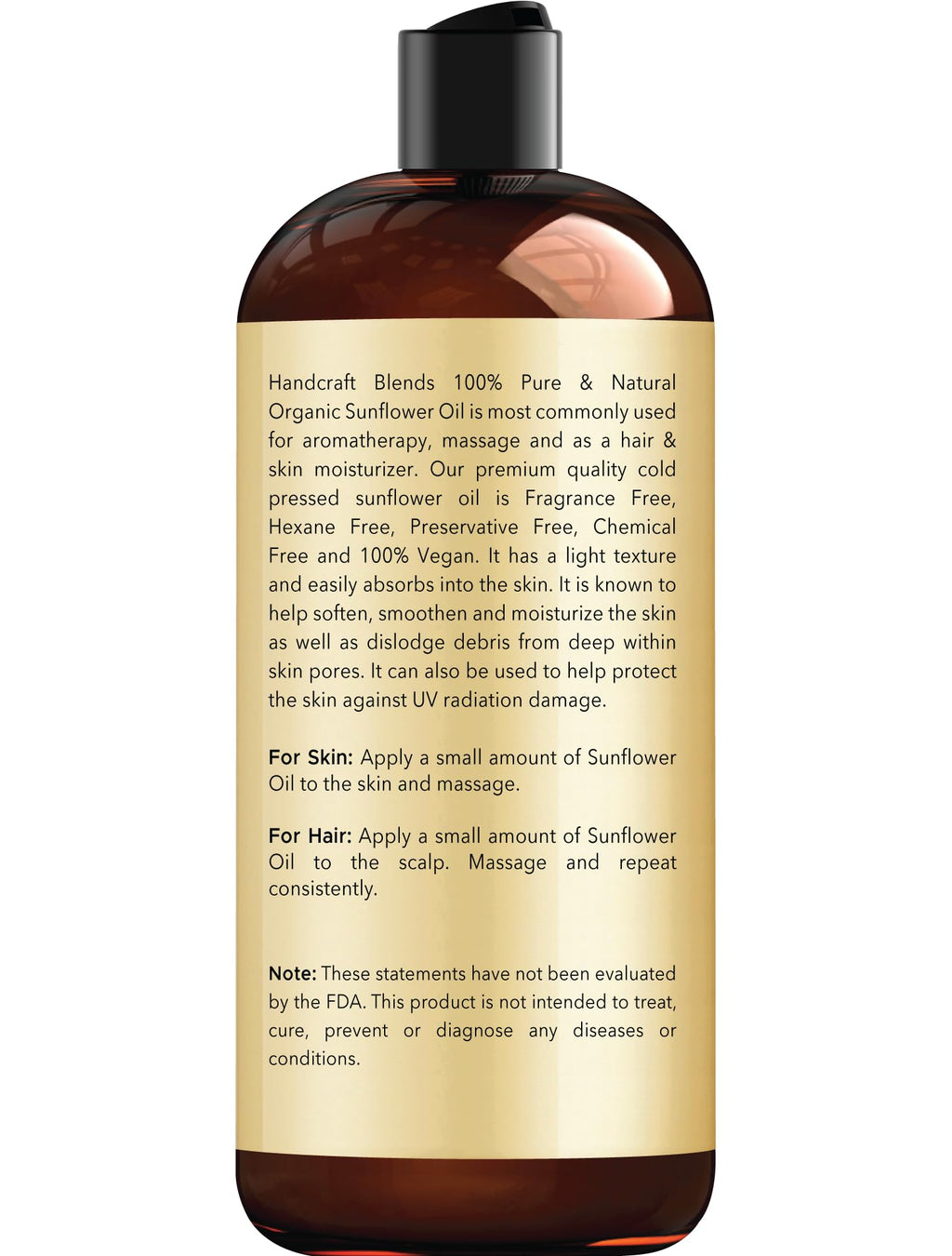 Handcraft Blends USDA Organic Sunflower Oil - Cold-Pressed 16 Oz - 100% Pure and Natural - Premium Grade Carrier Oil for Skin and Hair - Hair and Body - Massage - Hexane-Free