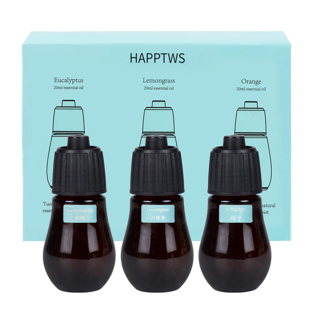 HAPPTWS Aromatherapy Essential Oil Set – 3-Piece Diffuser Oils: Eucalyptus, Lemongrass, Orange