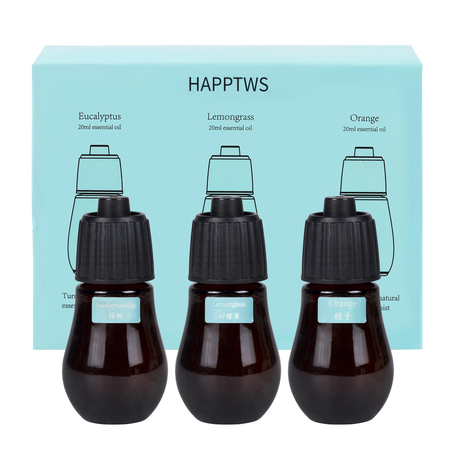 HAPPTWS Aromatherapy Essential Oil Set – 3-Piece Diffuser Oils: Eucalyptus, Lemongrass, Orange