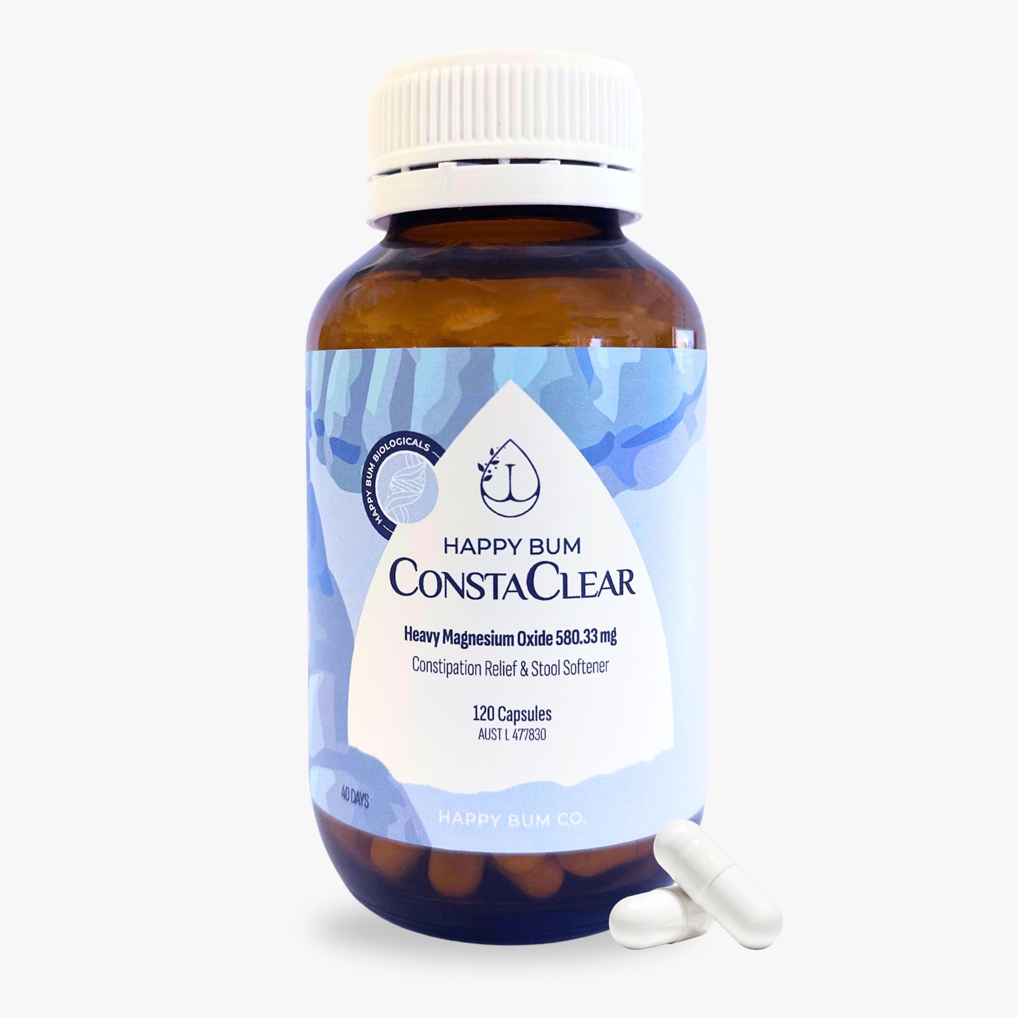 Happy Bum CostaClear for Constipation for Women and Men | Gentle Magnesium Constipation Relief & Colon Cleansing Support, Softens Stool, and Eases Bloating | 120 Capsules