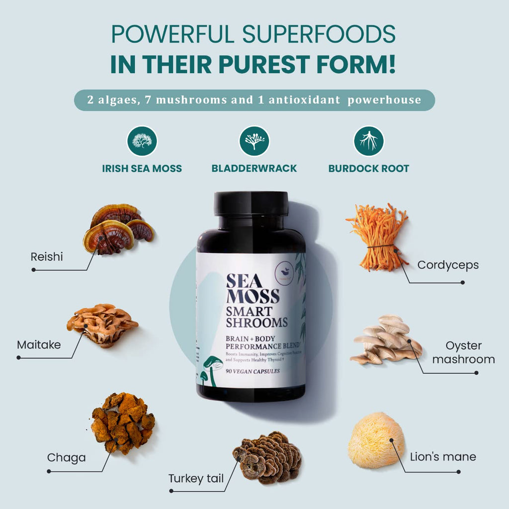 HAPPY FOX Irish Sea Moss Capsules & Mushroom Complex - 1500mg, 90 Vegan Capsules