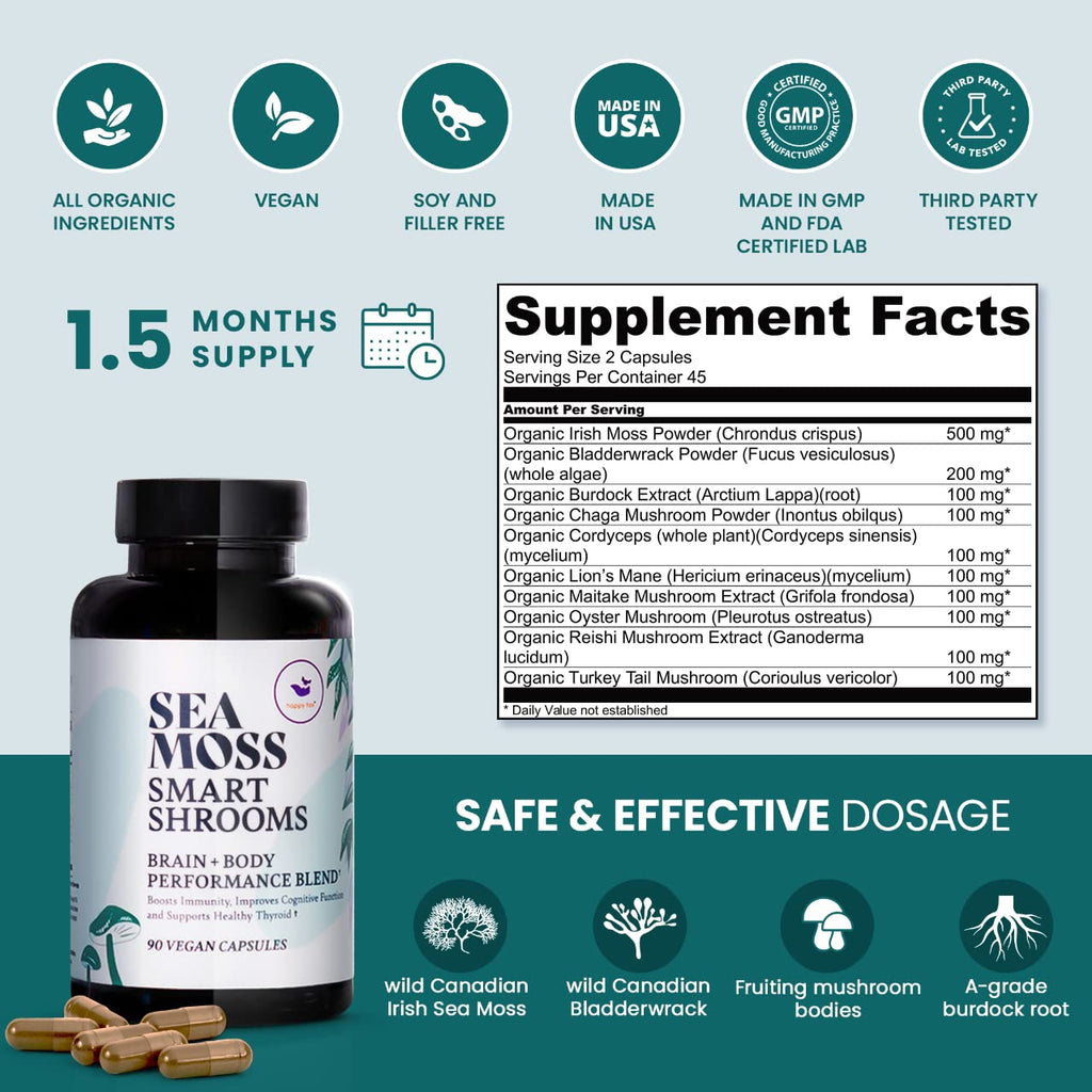 HAPPY FOX Irish Sea Moss Capsules & Mushroom Complex - 1500mg, 90 Vegan Capsules