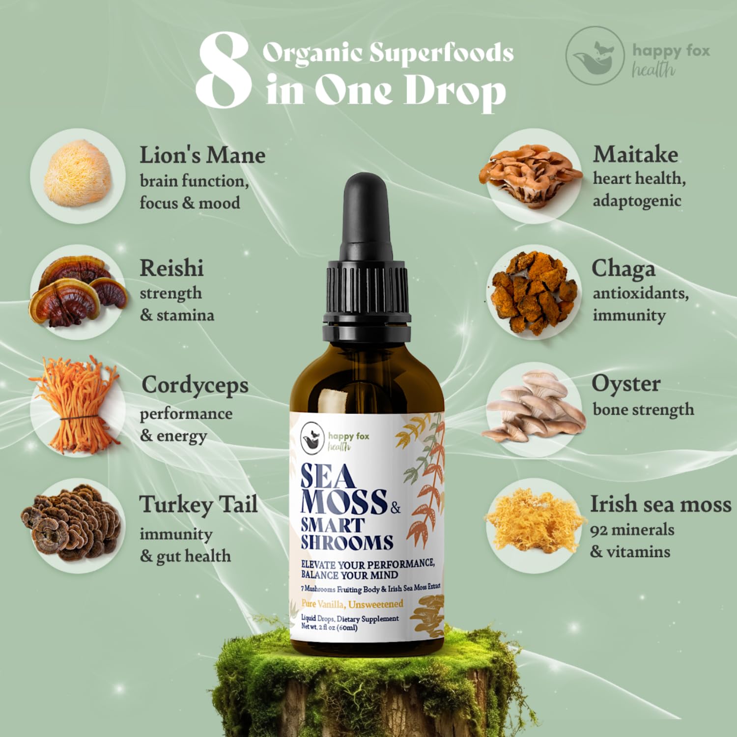 HAPPY FOX Irish Sea Moss Drops & Mushroom Tincture – 7 Adaptogenic Mushrooms