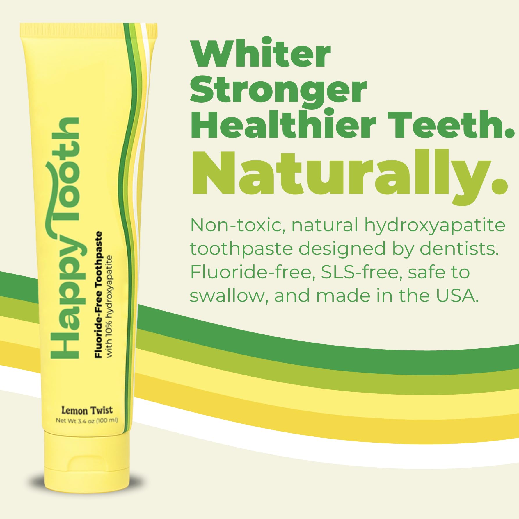 Happy Tooth Hydroxyapatite Toothpaste – Fluoride Free, Lemon Twist, 3.4 oz | For Kids, Toddlers & Adults