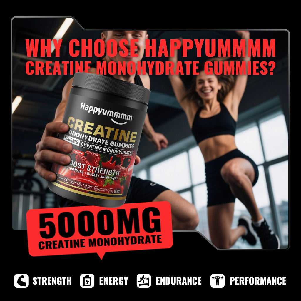 Happyummmm Creatine Monohydrate Gummies 2.5g per Gummy - Strawberry 90 ct | Vegan, Gluten-Free, Non-GMO