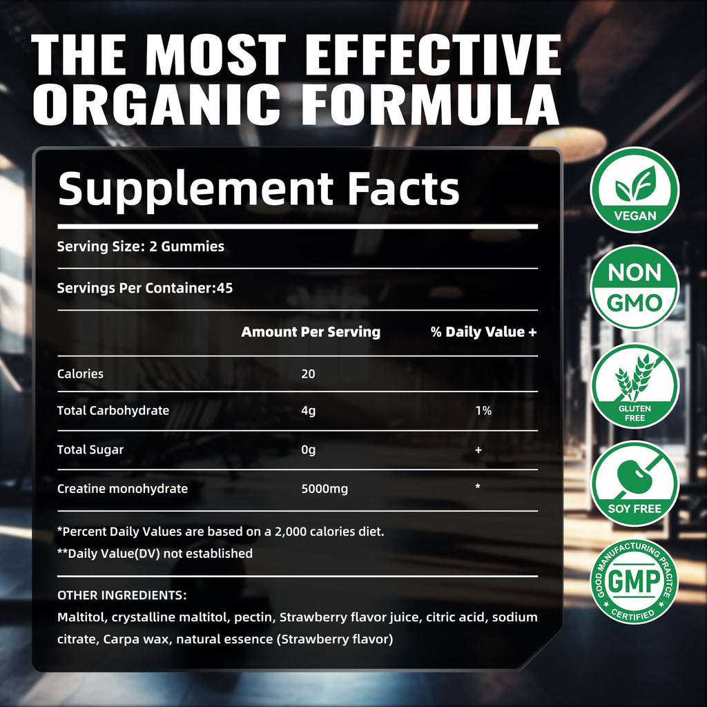 Happyummmm Creatine Monohydrate Gummies 2.5g per Gummy - Strawberry 90 ct | Vegan, Gluten-Free, Non-GMO