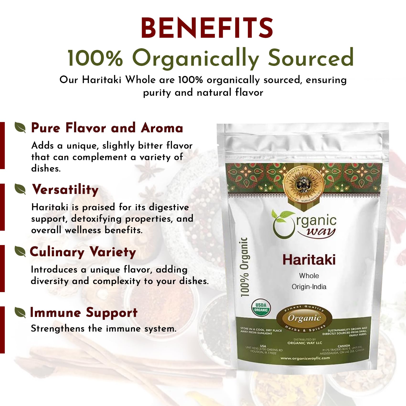 Organic Way Haritaki Whole 8 oz | Haritaki Chebulic Myrobalan | Kosher & USDA Organic | Vegan Non-GMO Gluten Free | 100% Raw from India