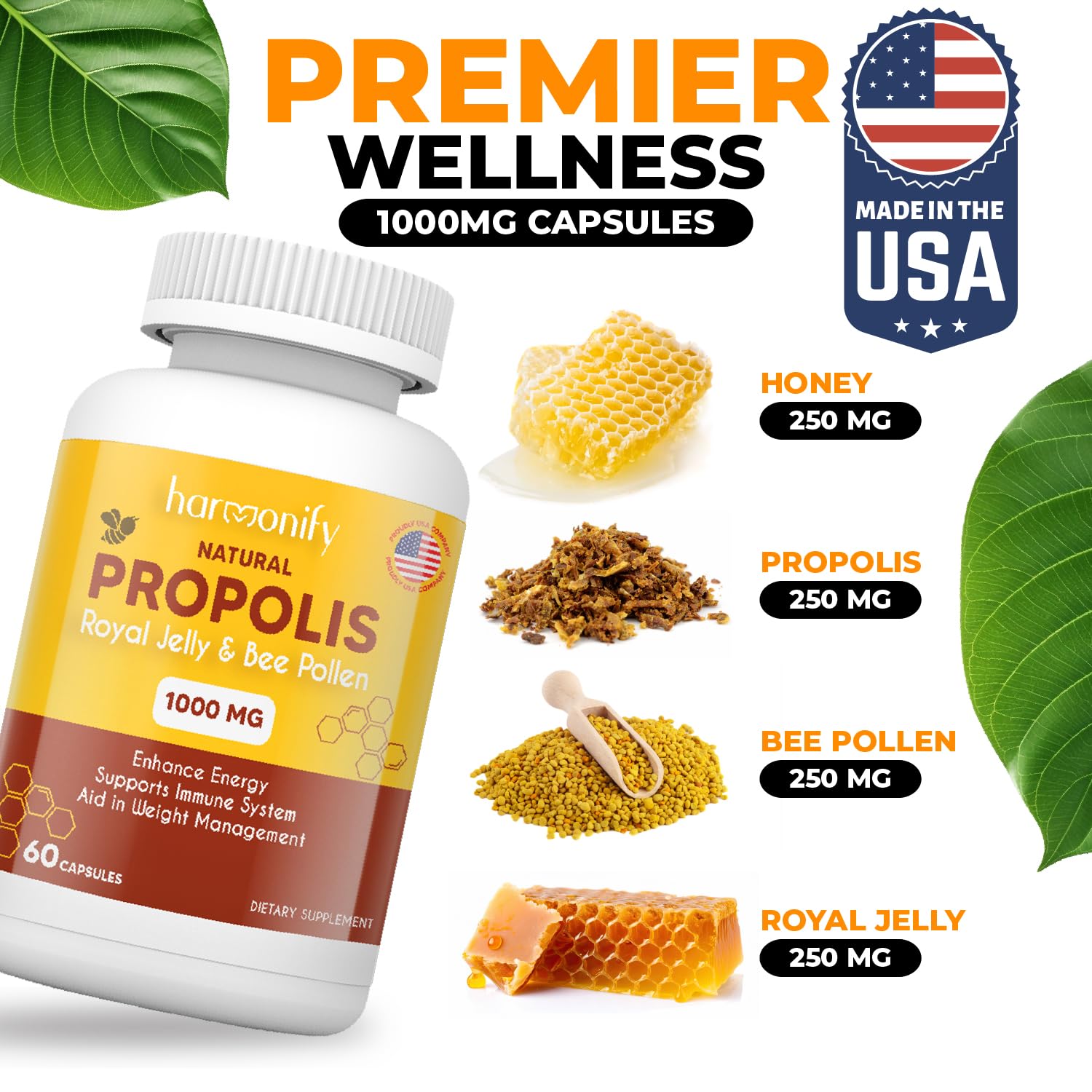HARMONIFY Bee Pollen Propolis Royal Jelly Extract 1000mg – Immune Support Capsules