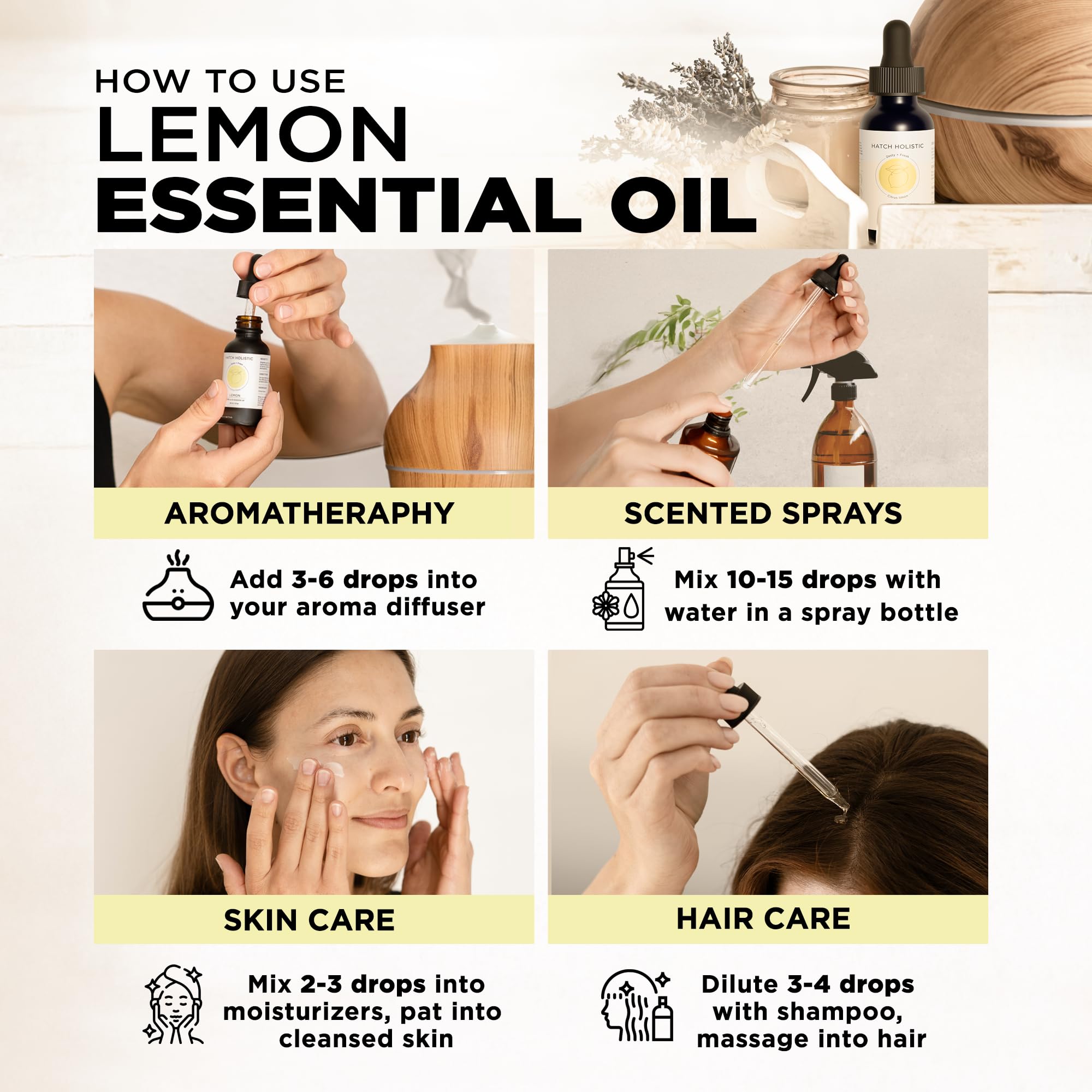 Hatch Holistic Lemon Essential Oil 1oz – 100% Natural Citrus Oil for Diffuser, Aromatherapy, Cleaning & Skincare