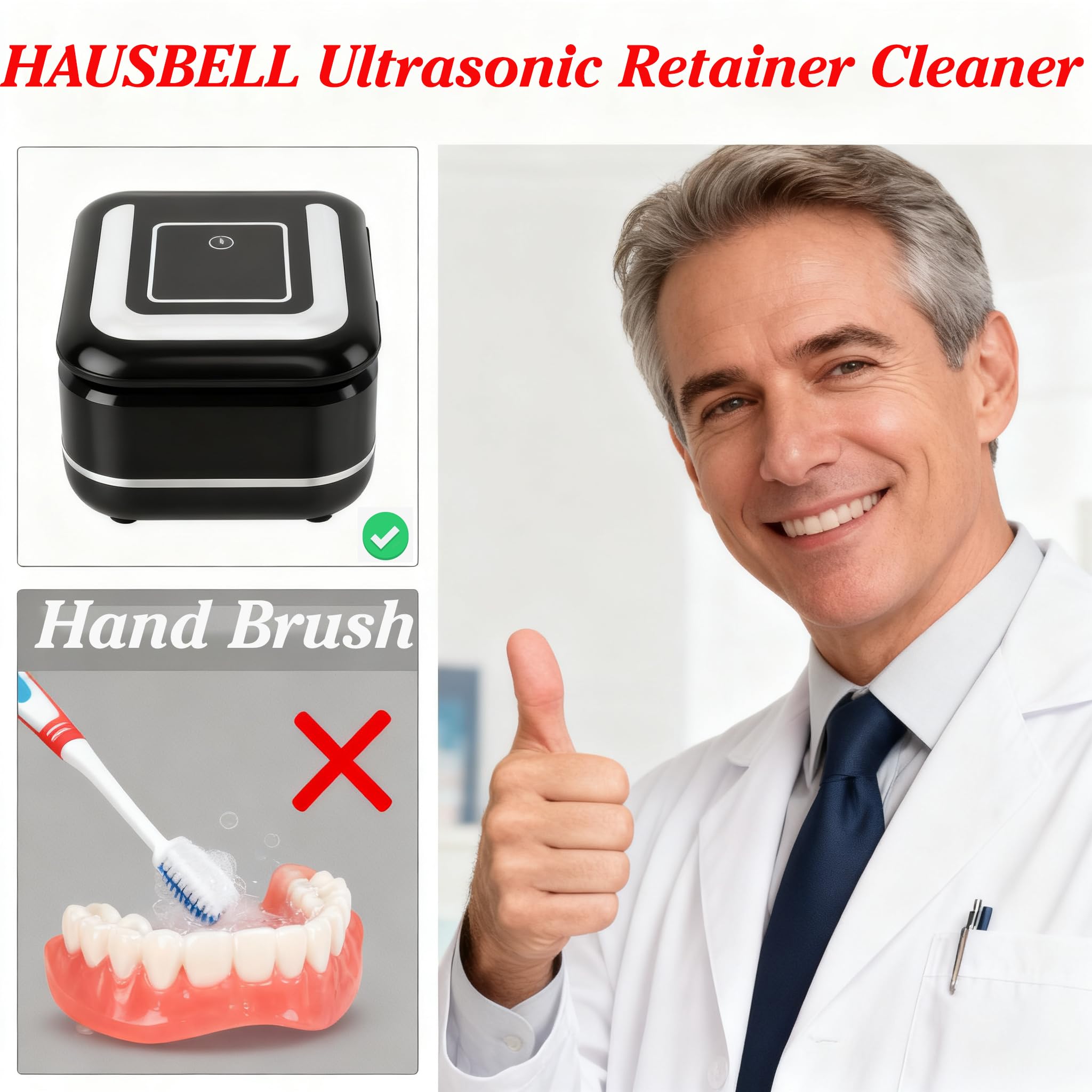 HAUSBELL Dental Pod Ultrasonic Retainer Cleaner – 8 Tablets + Noise-Reduction Lid