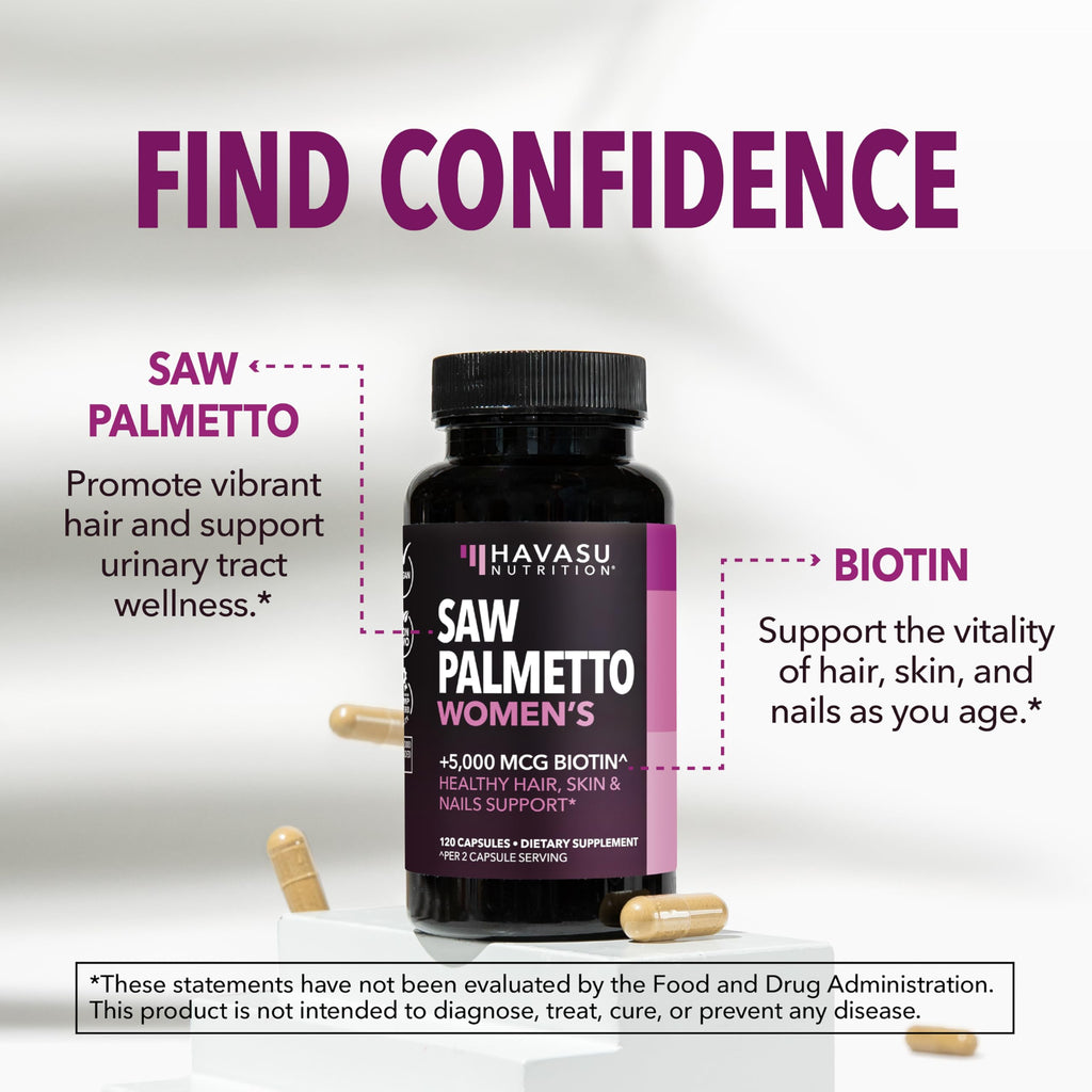 HAVASU Nutrition Saw Palmetto with Biotin 5000mcg - Vegan, Non-GMO DHT Support for Hair, Skin & Nails - 120 Count