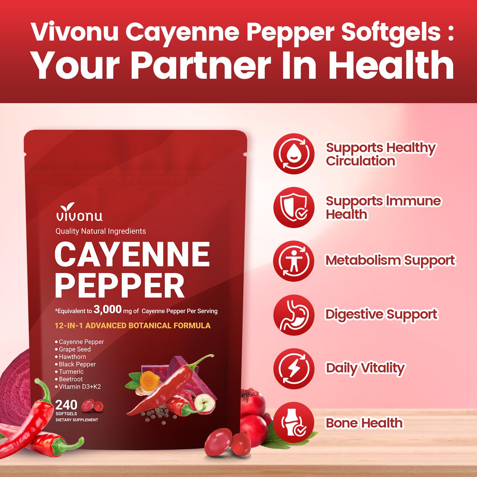 Cayenne Pepper Softgels Supplement, Supports Leg Vein, Heart and Blood Vessel Health, with Vitamin E D3+K2 and Extracts of Grape Seed, Hawthorn, Beetroot, Berberine and Others (240 Softgels / 1 Pack)