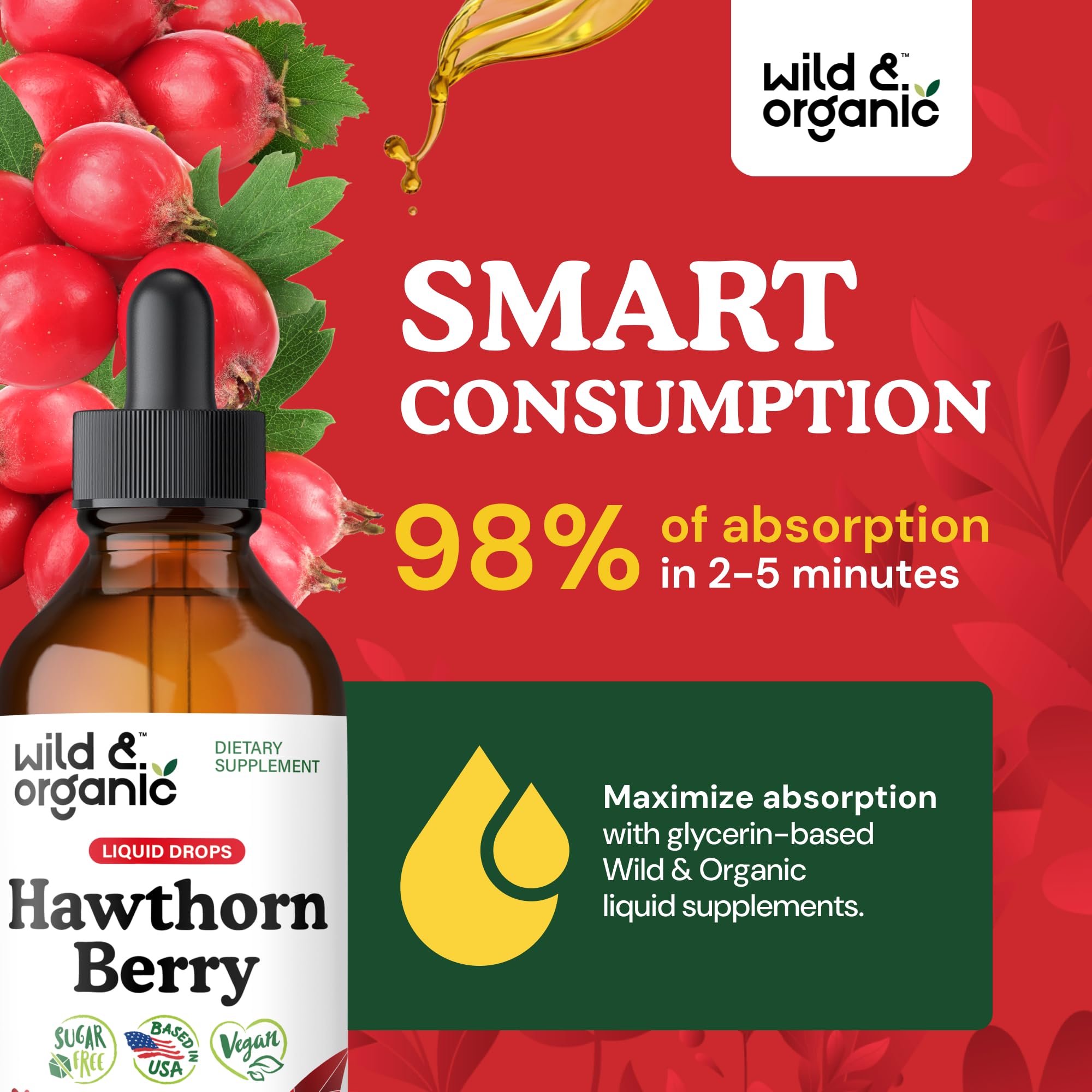 Wild & Organic Hawthorn Berry Tincture 600 mg – Vegan, Alcohol-Free Liquid Drops, 4 fl oz