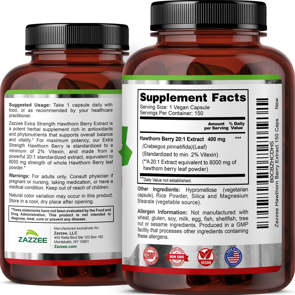 Zazzee Hawthorn Berry Extract 8000 mg (20:1) 150 Vegan Capsules