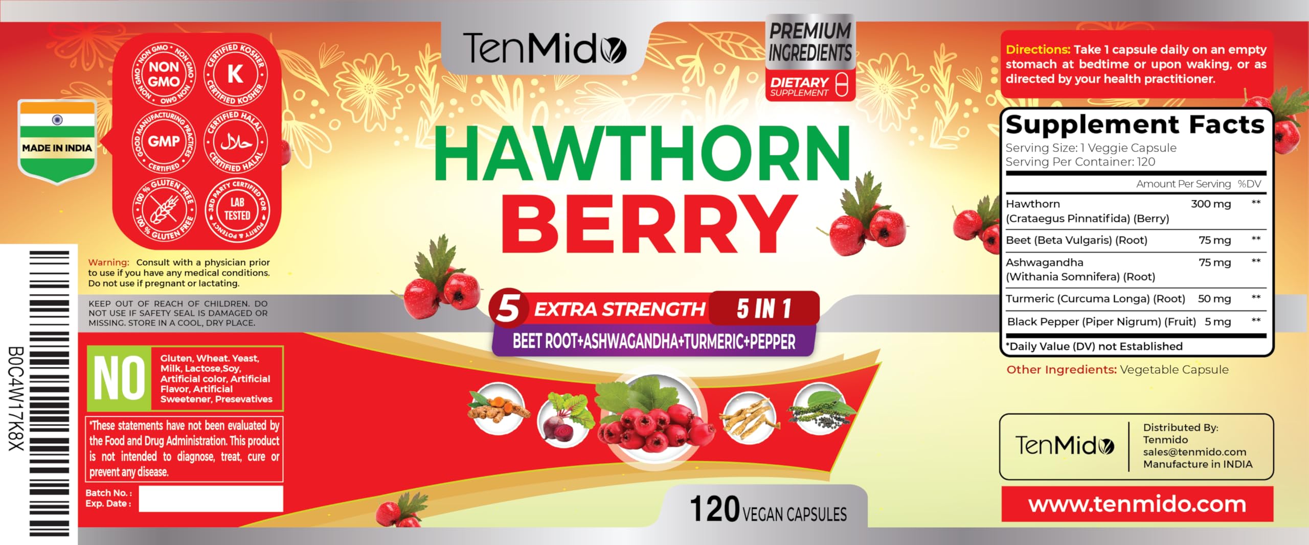 Hawthorn Berry Extract Capsules – 120 Vegan (4 Months) with Beet Root, Ashwagandha & Turmeric