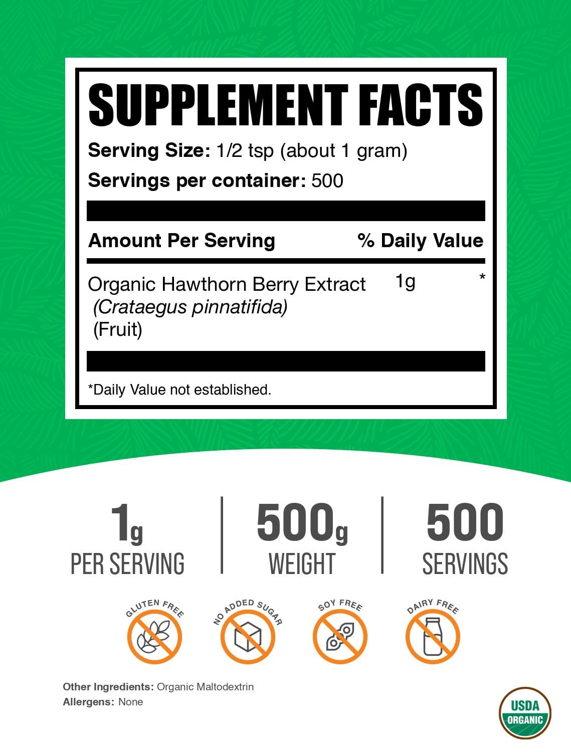 Hawthorn Berry Extract Powder – Organic, Gluten Free (500g) | BulkSupplements