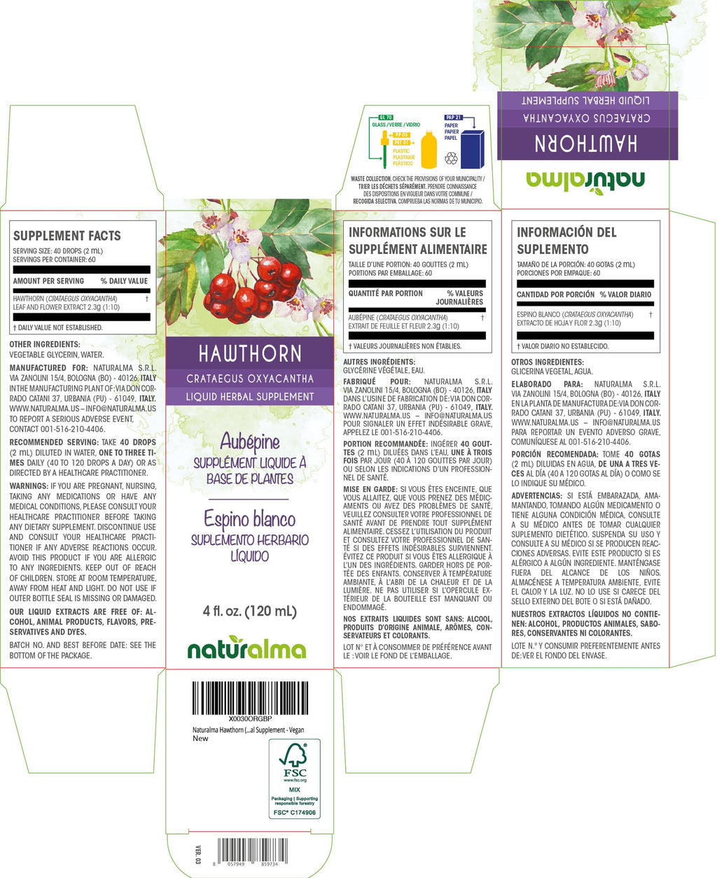 Naturalma Hawthorn Tincture – Leaf & Flower, Alcohol-Free, 4 oz – Vegan