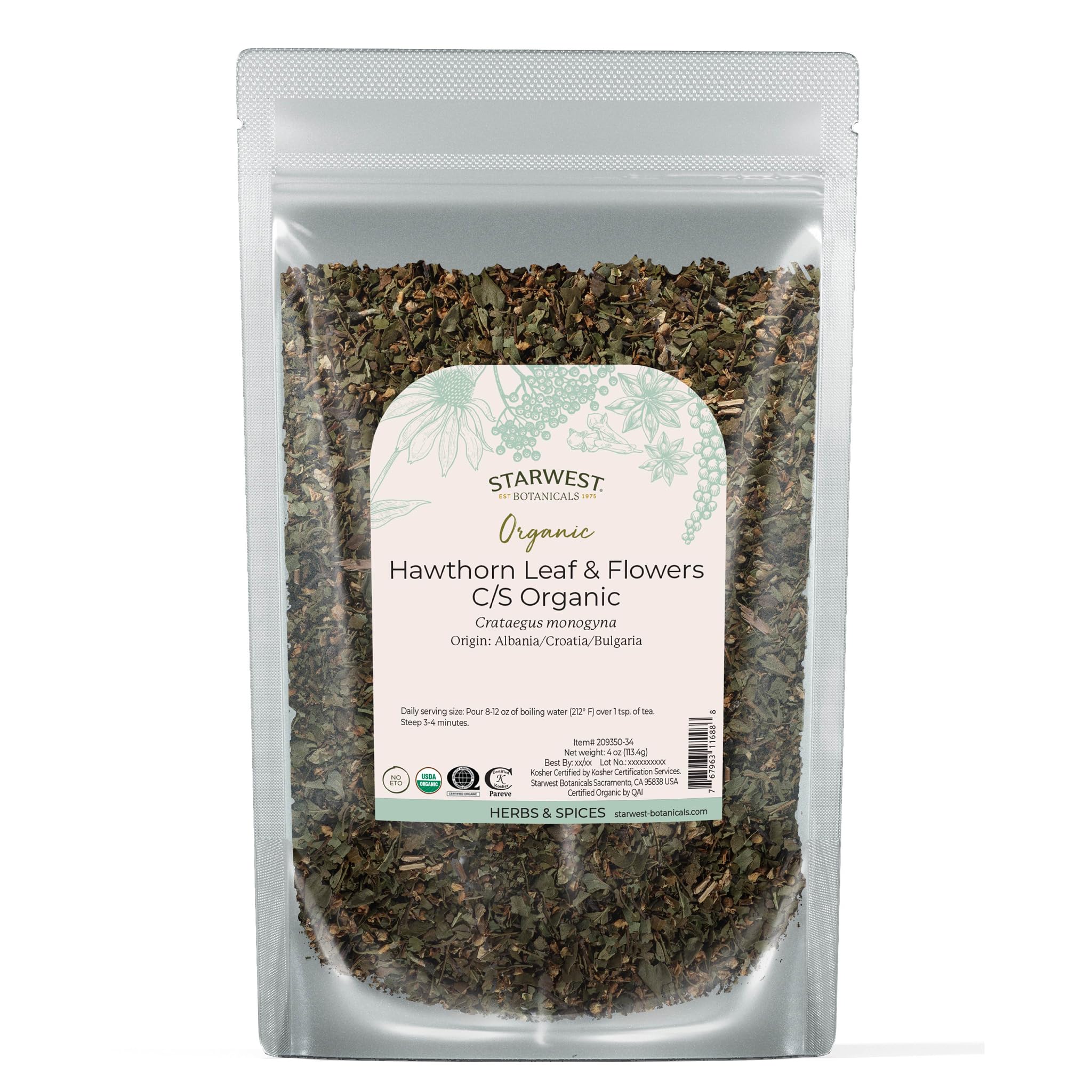 Starwest Hawthorn Leaves & Flowers - Organic Dried Hawthorn Tea, 4 oz