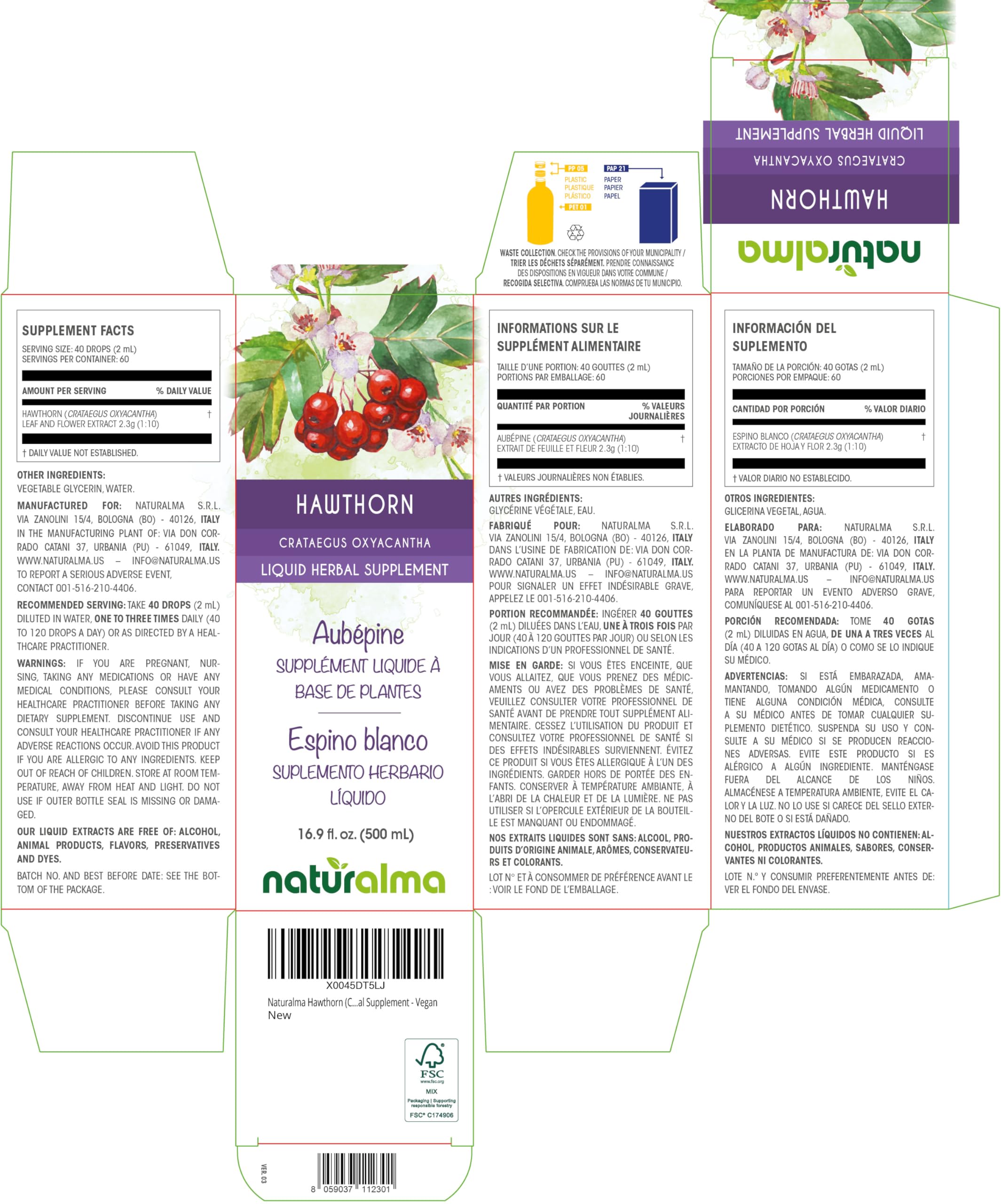 Naturalma Hawthorn Leaf & Flower Tincture - Alcohol-Free, 16.9 oz Drops (Vegan)