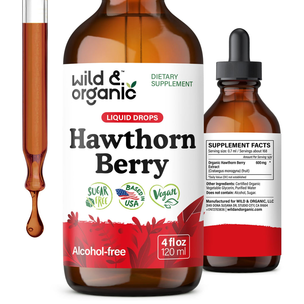 Wild & Organic Hawthorn Berry Tincture 600 mg – Vegan, Alcohol-Free Liquid Drops, 4 fl oz