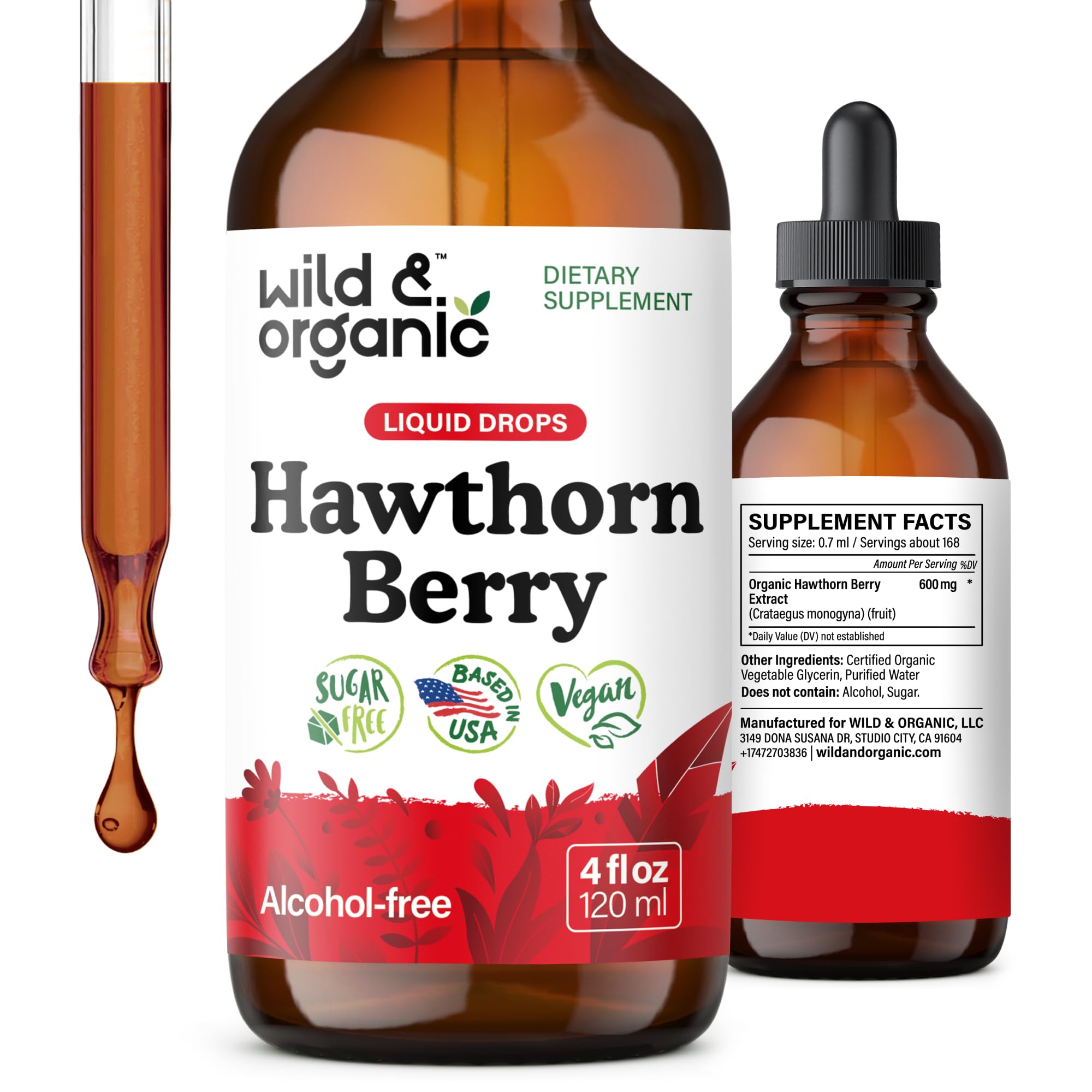 Wild & Organic Hawthorn Berry Tincture 600 mg – Vegan, Alcohol-Free Liquid Drops, 4 fl oz