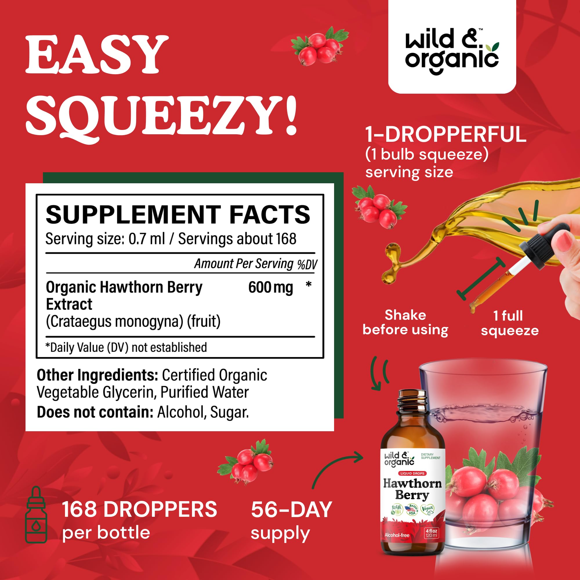 Wild & Organic Hawthorn Berry Tincture 600 mg – Vegan, Alcohol-Free Liquid Drops, 4 fl oz