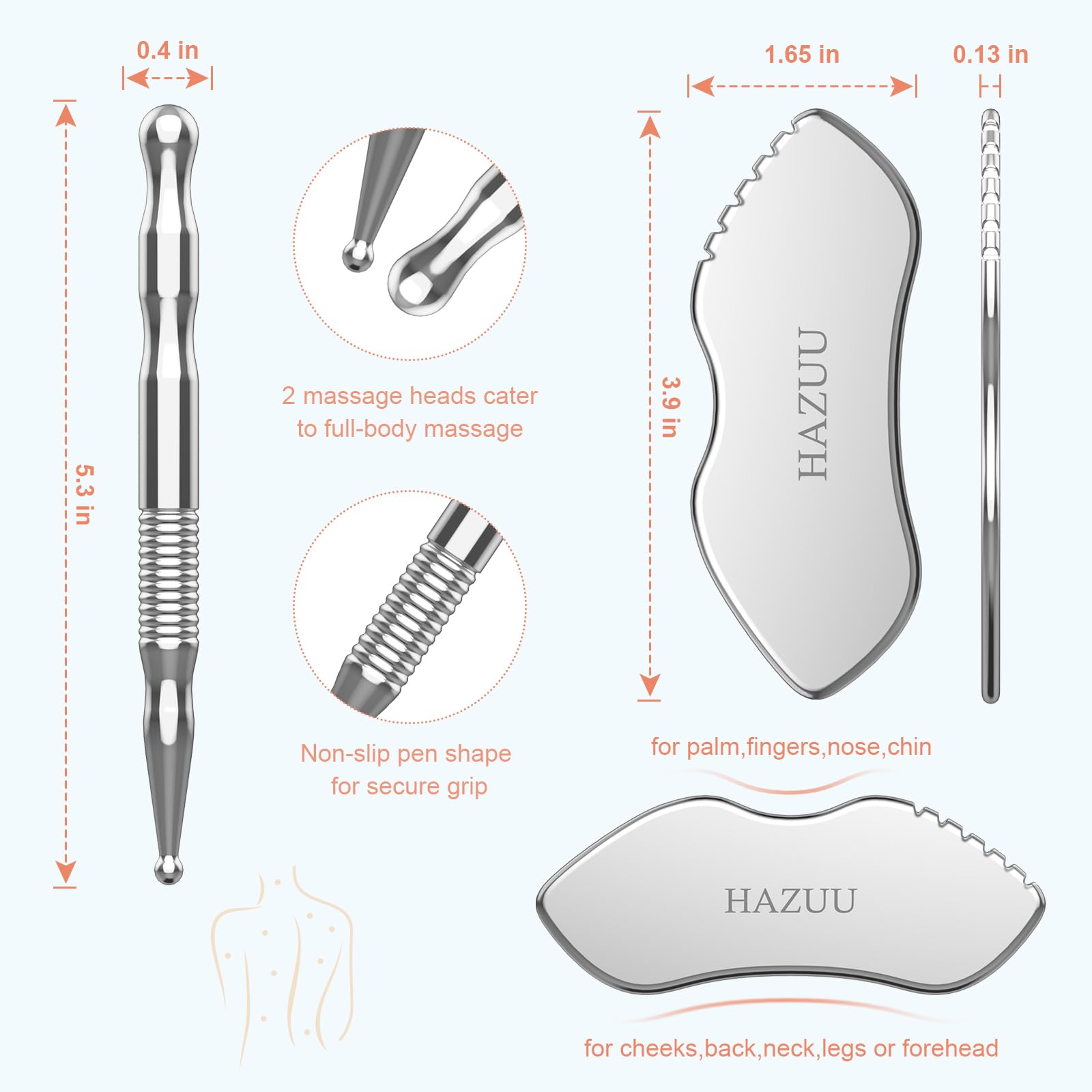 HAZUU Stainless Steel Gua Sha Tool & Acupuncture Pen – Deep Tissue Massage (JGS-3)