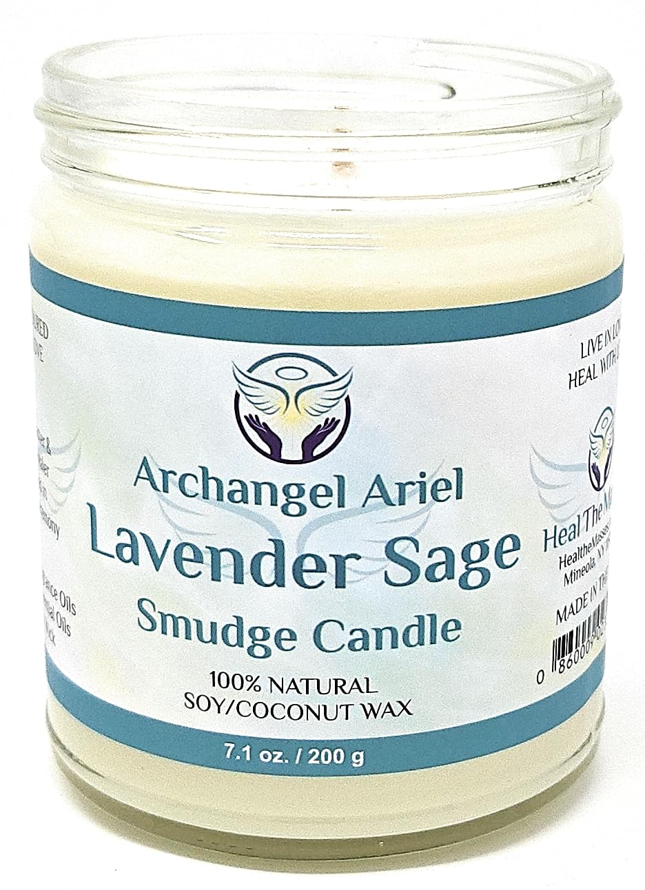 Heal The Masses Lavender Sage Candle - Archangel Ariel Candle for Chakra Healing & Energy Cleansing - Reiki Charged White Sage Candle (7 oz)