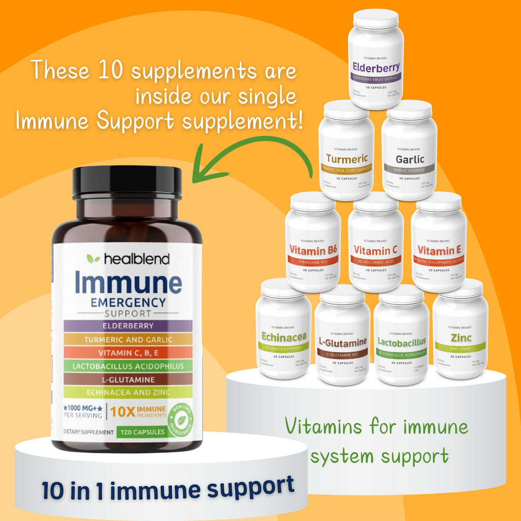 HealBlend 10 in 1 Immune Support Supplement Booster – Elderberry, Zinc, Echinacea, Turmeric, Probiotics | Adults 120 Capsules