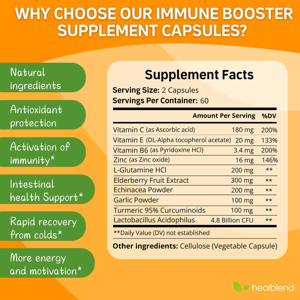 HealBlend 10 in 1 Immune Support Supplement Booster – Elderberry, Zinc, Echinacea, Turmeric, Probiotics | Adults 120 Capsules