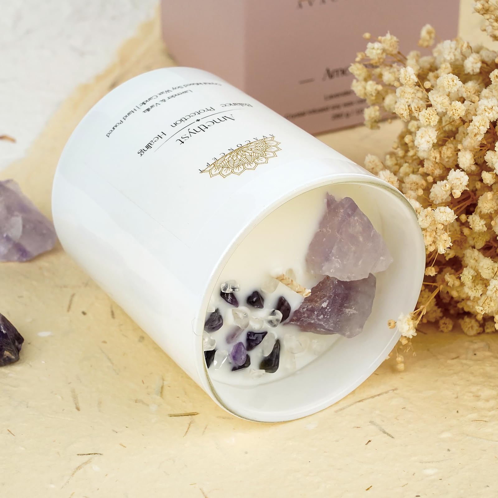 Healing Crystal Candle – Amethyst & Clear Quartz, Lavender & Vanilla, 10oz Jar