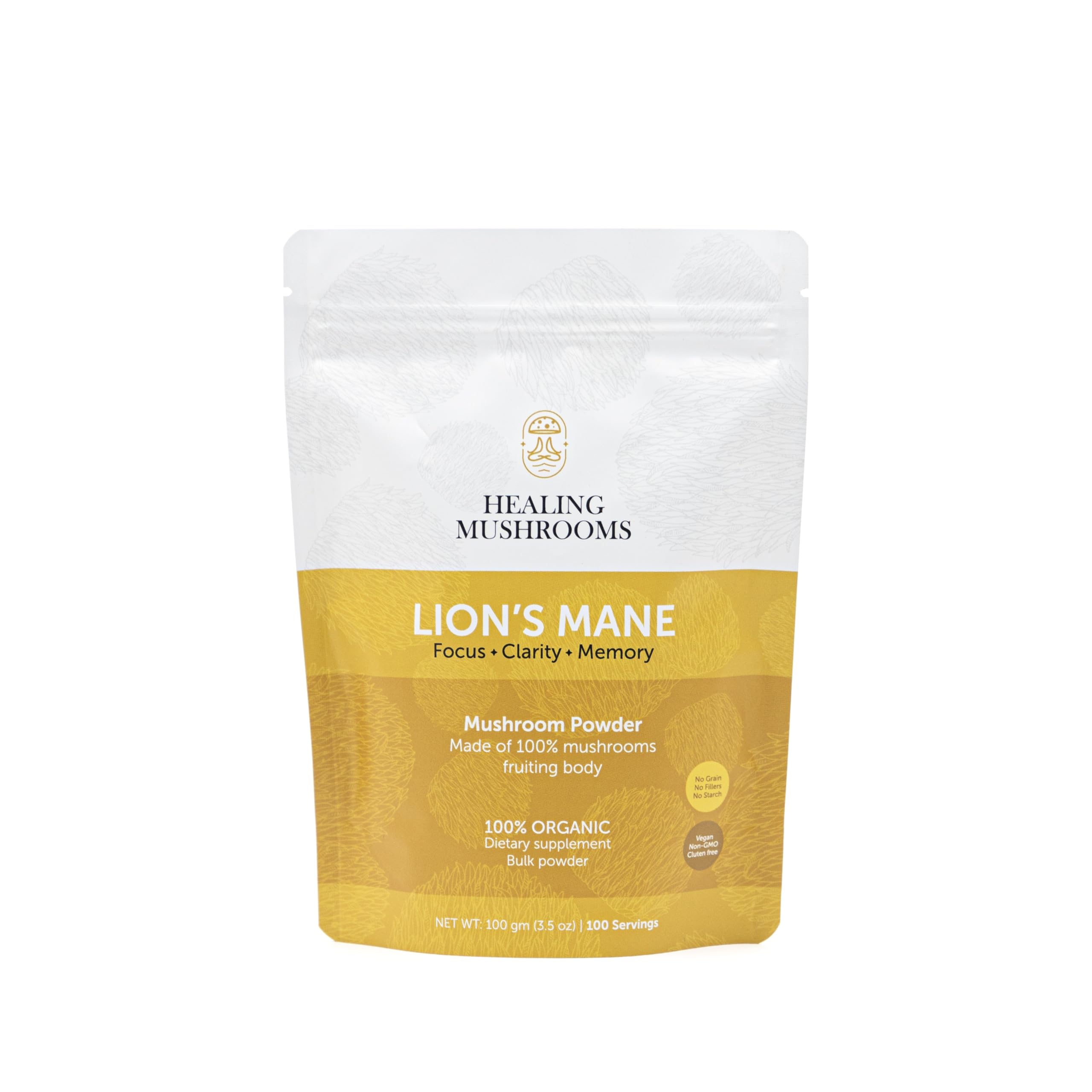 Healing Mushrooms Lion's Mane Pure Powder – Brain Superfood for Clarity, Memory & Focus (100 g)