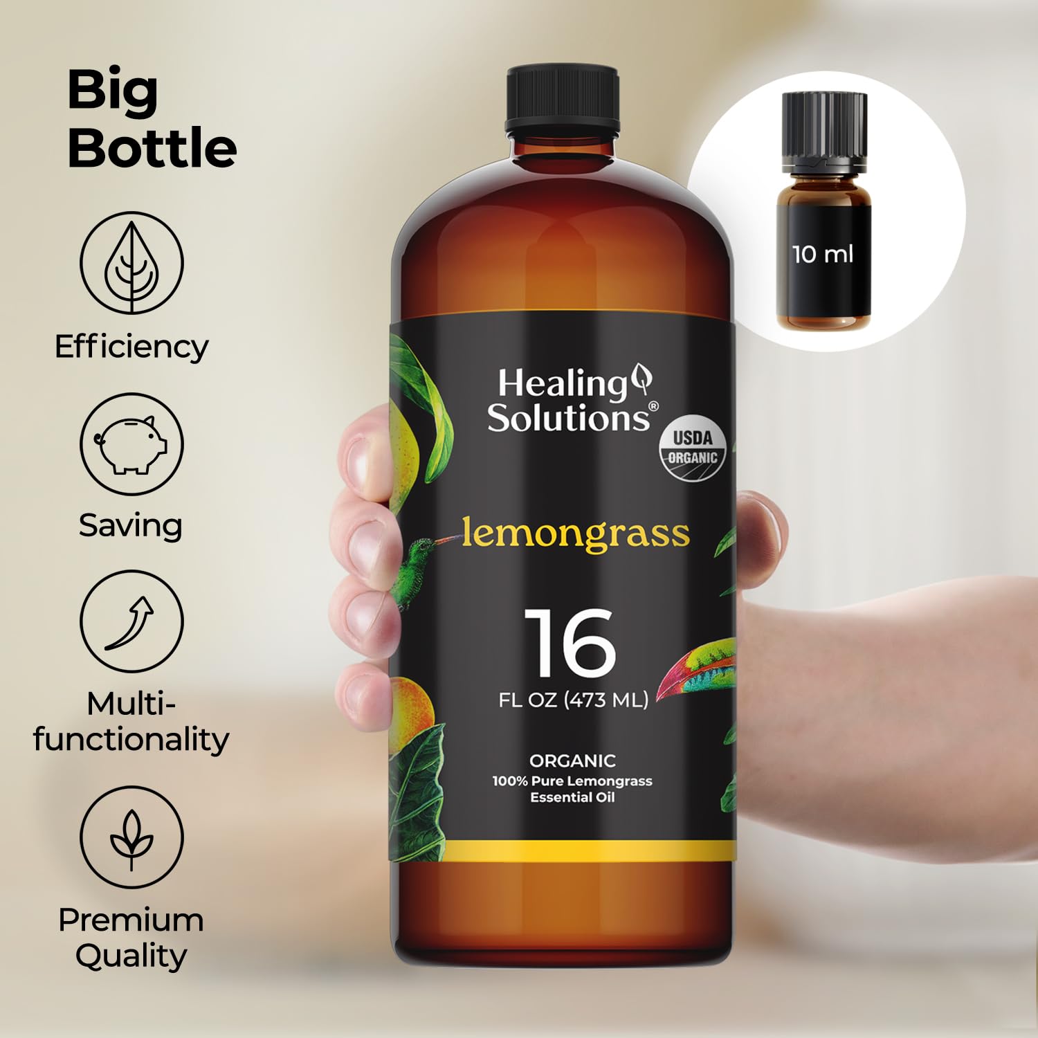 Healing Solutions Organic Lemongrass Essential Oil - 16oz Bulk for Aromatherapy