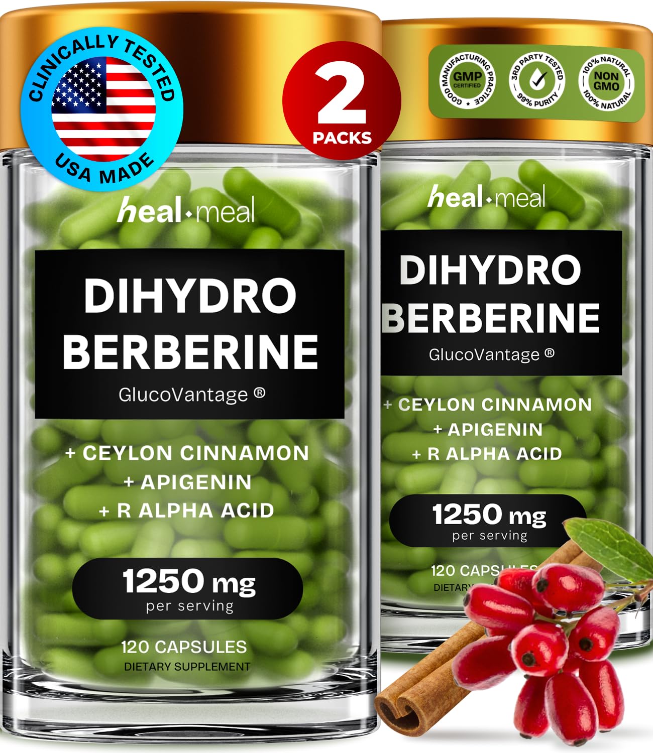 HealMeal Dihydroberberine Supplement - Enhanced Absorption Berberine with Cinnamon & R Alpha Lipoic Acid - 240 Caps (2 Packs)