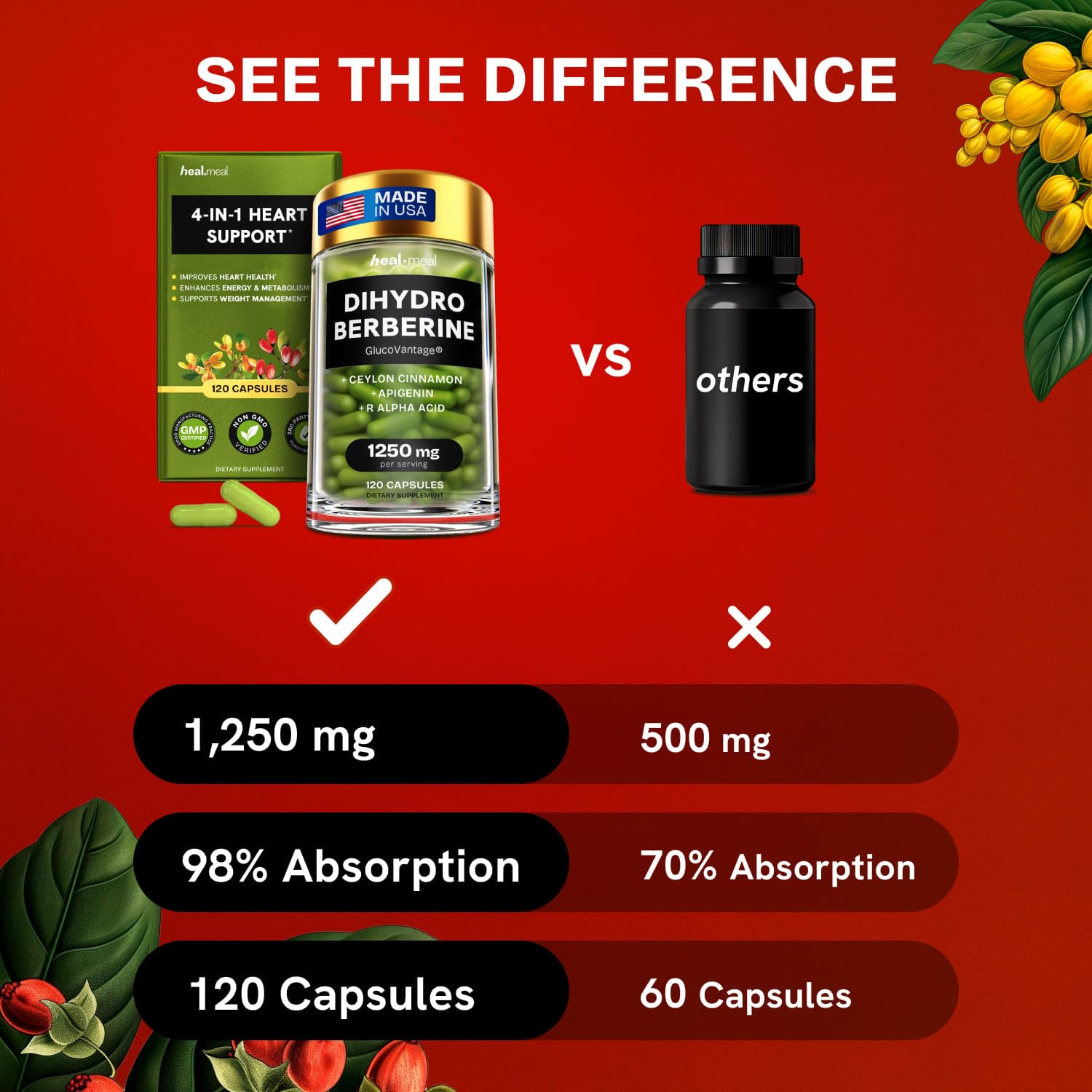 HealMeal Dihydroberberine Supplement - Enhanced Absorption Berberine with Cinnamon & R Alpha Lipoic Acid - 240 Caps (2 Packs)