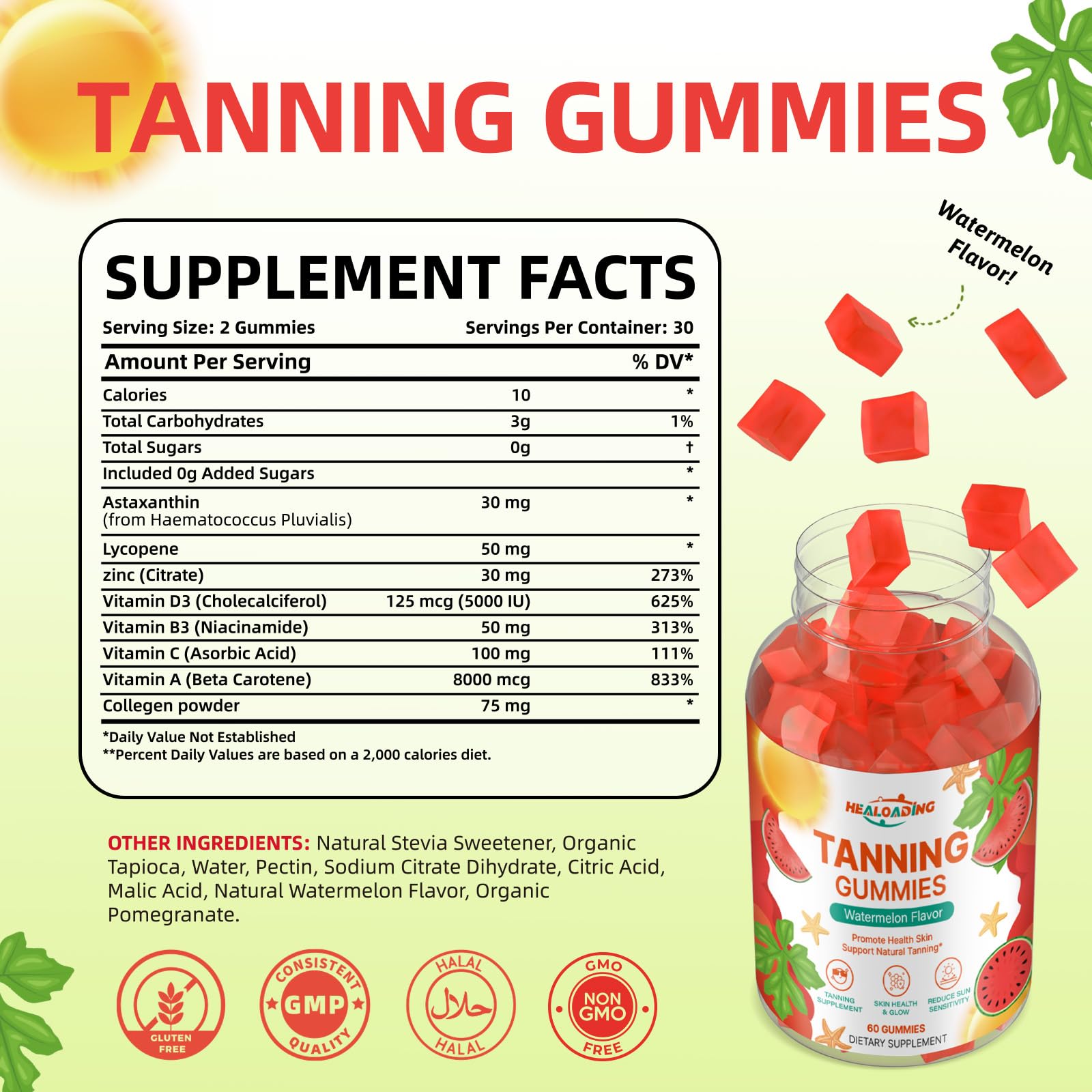 HEALOADING Tanning Gummies - Bronzing Supplement with Astaxanthin, Lycopene & Beta Carotene | Vegan & Non-GMO (30-Day)