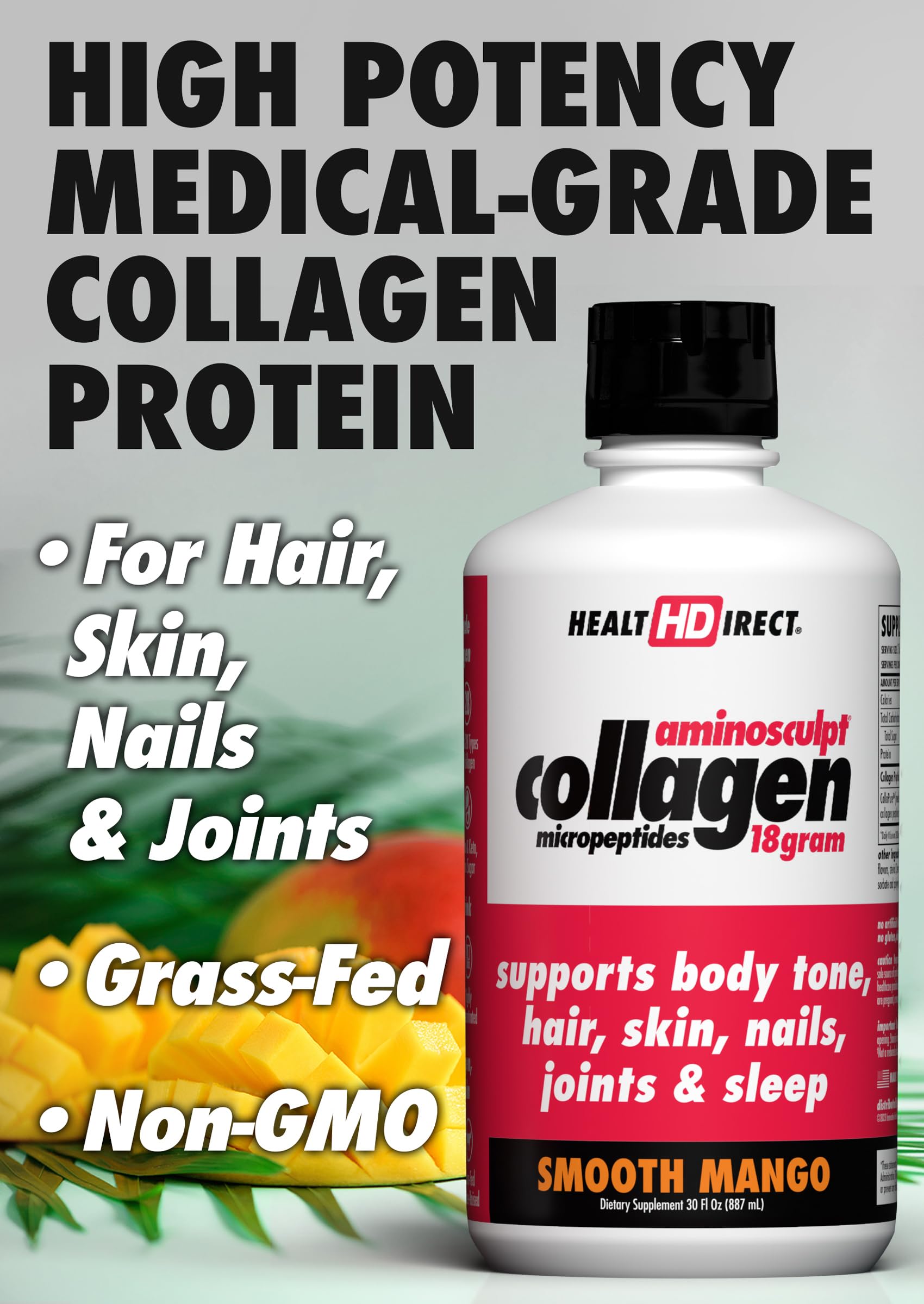 HEALTH DIRECT AminoSculpt Sugar-Free Liquid Collagen — High Potency, Grass-Fed, Mango | 30 oz
