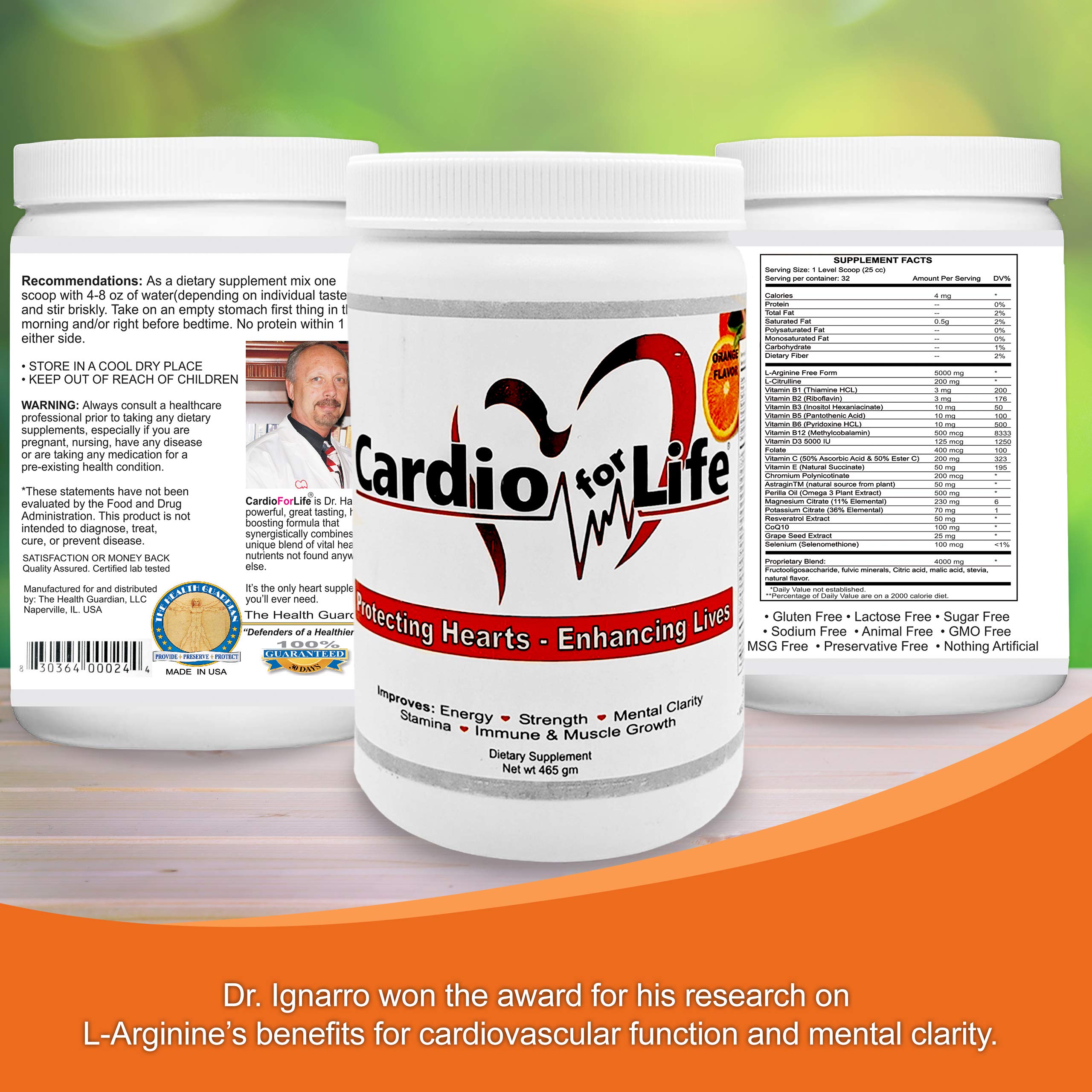 Health Guardian Cardio for Life L-Arginine Powder 16oz – Natural NO Support (Orange)
