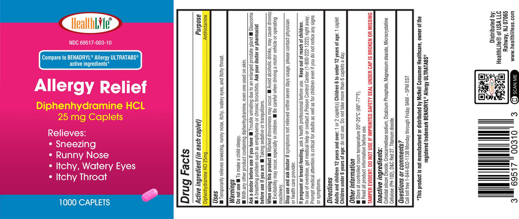 HEALTH LFE Allergy Relief Diphenhydramine HCl 25 mg Caplets, 1000 Count | For Sneezing, Runny Nose, Itchy Eyes
